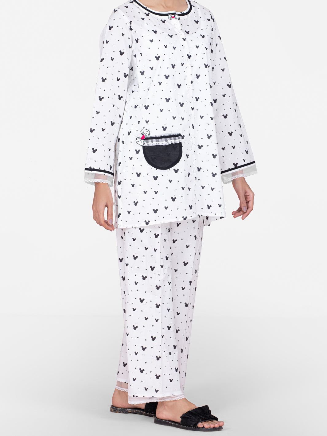 Black & White Cotton 2Pc Stitched Nightwear - AL-LKS-NW-1016
