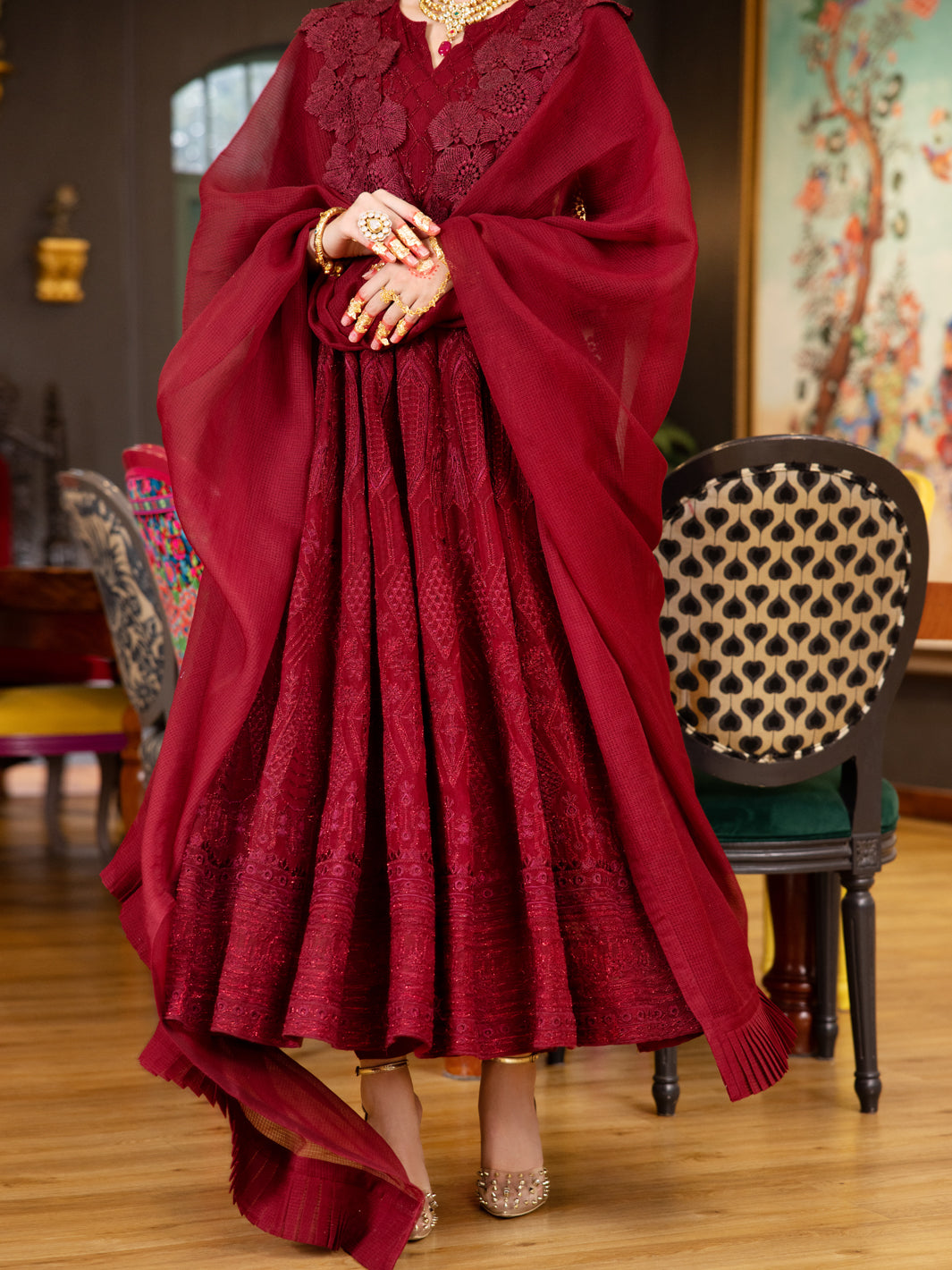 Maroon Poly-Net 3 Piece Formal Stitched - AL-3PS-LS-372 Almirah Maroon Poly-Net 3 Piece Formal Stitched - AL-3PS-LS-372 Almirah