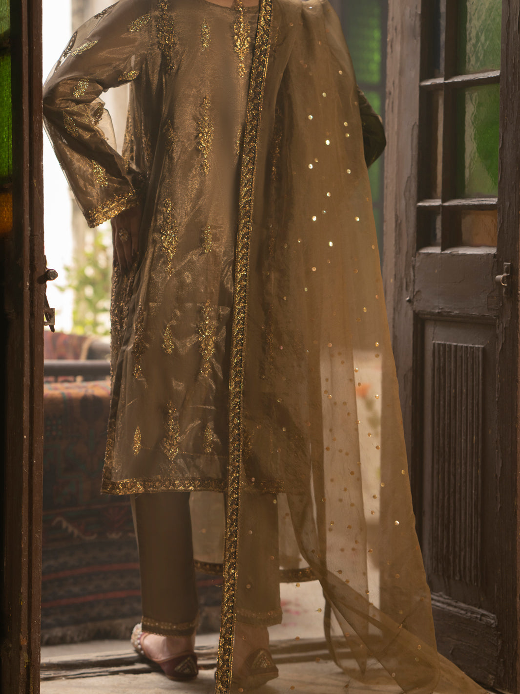 Brown Shimmer Net 3 Piece Formal Unstitched - AL-3PS-LS-UN-446