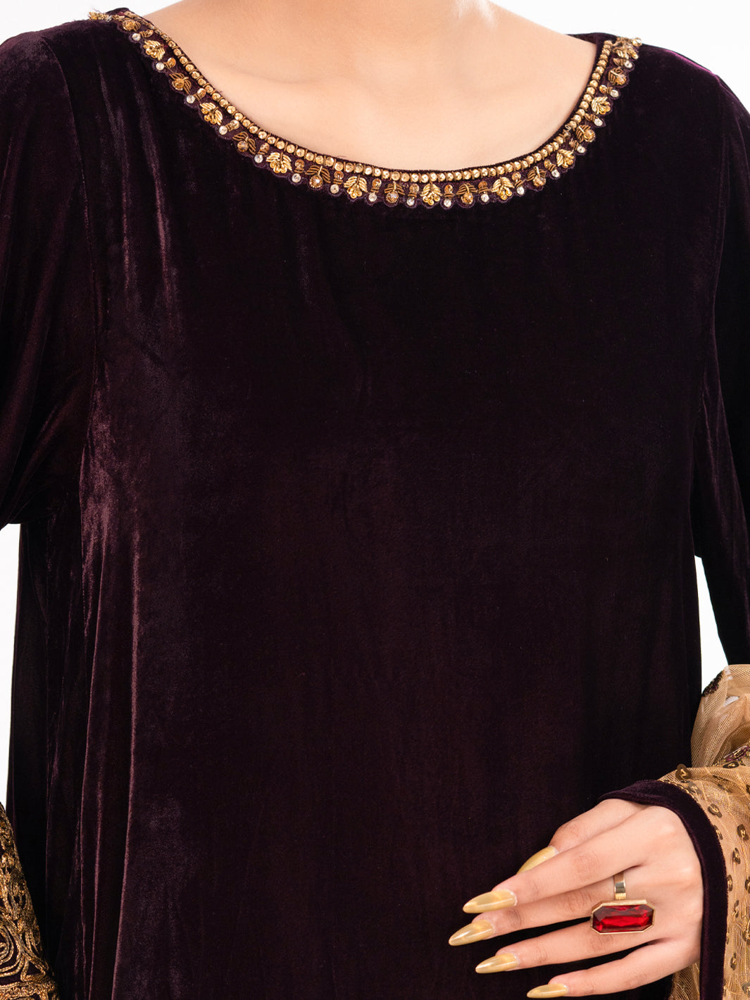 Maroon Velvet Formal 3Pc Stitched - AL-3PS-LS-560