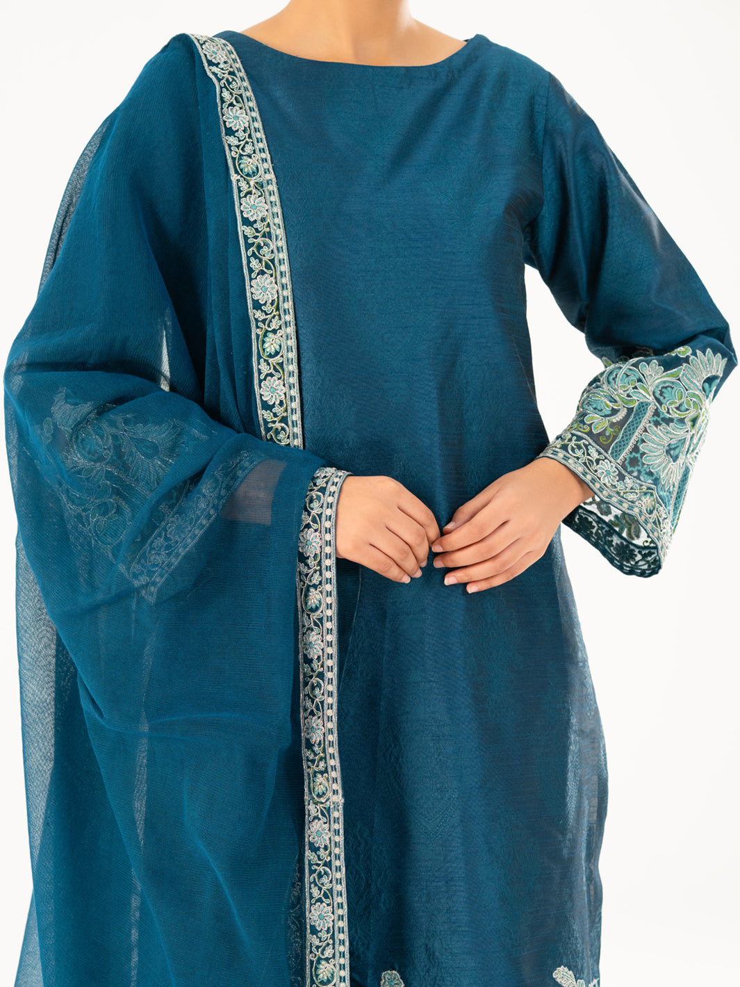 Turquoise Self-Jacquard Silk Formal 3Pc Stitched - AL-3PS-LS-567