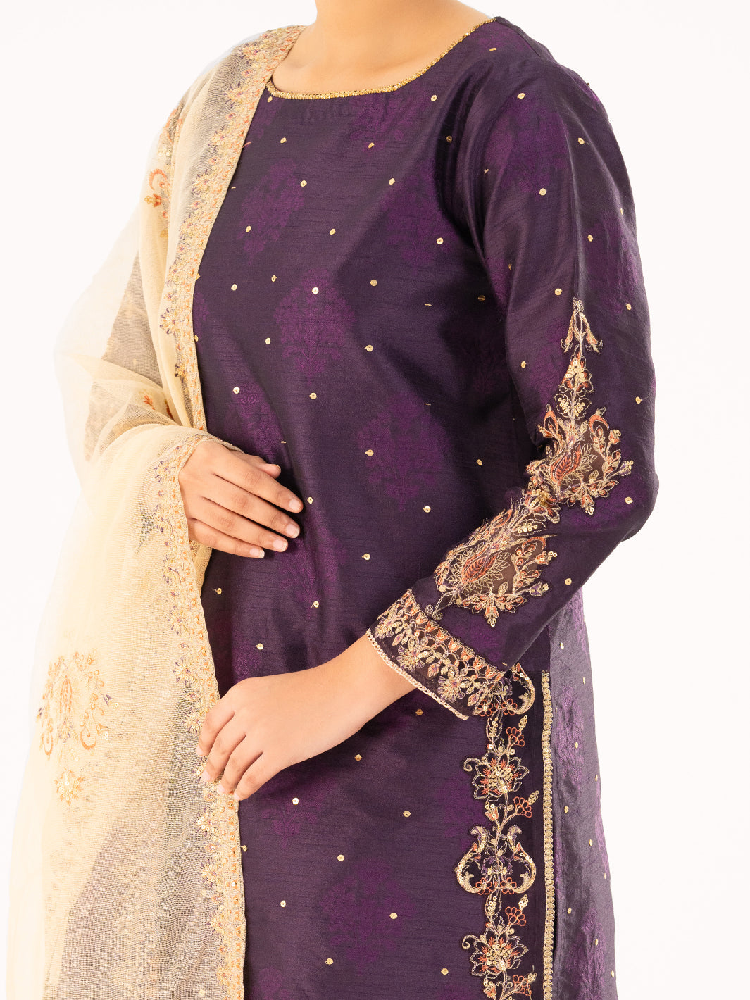 Purple Self-Jacquard Silk Formal 3Pc Stitched - AL-3PS-LS-568