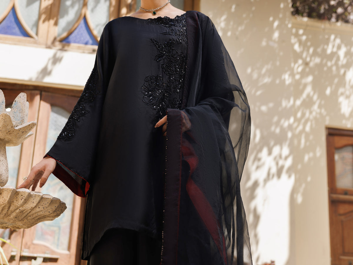Black Taffeta Silk Formal Stitched 3Pc- AL-3PS-LS-630