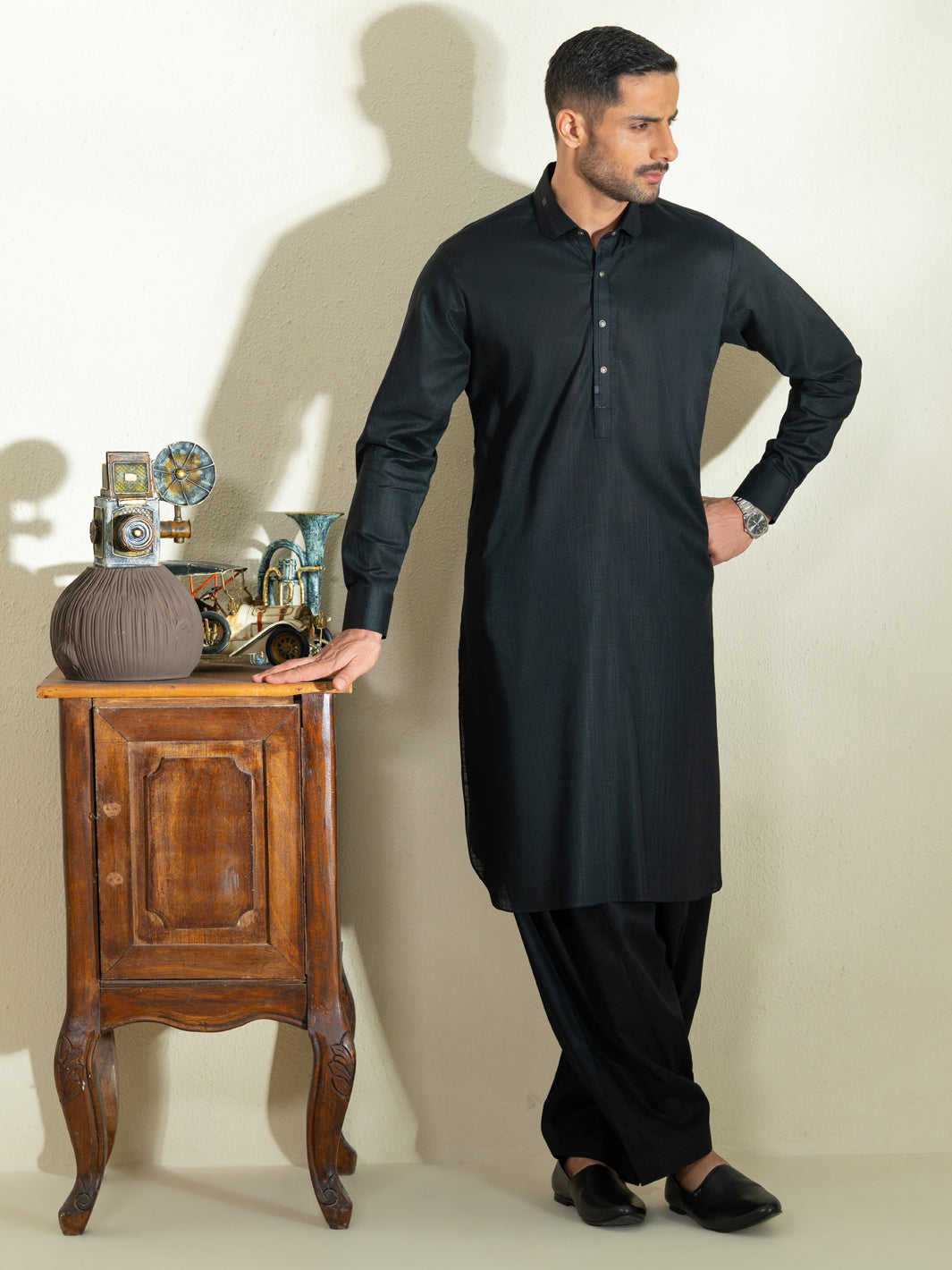 Black Cotton Kameez Shalwar - ALWA-KS-573