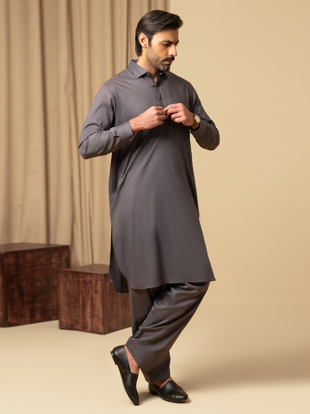 Grey Cotton Kameez Shalwar - ALWA-KS-576