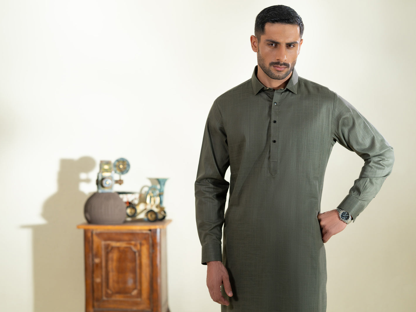 Green Cotton Kameez Shalwar - ALWA-KS-578