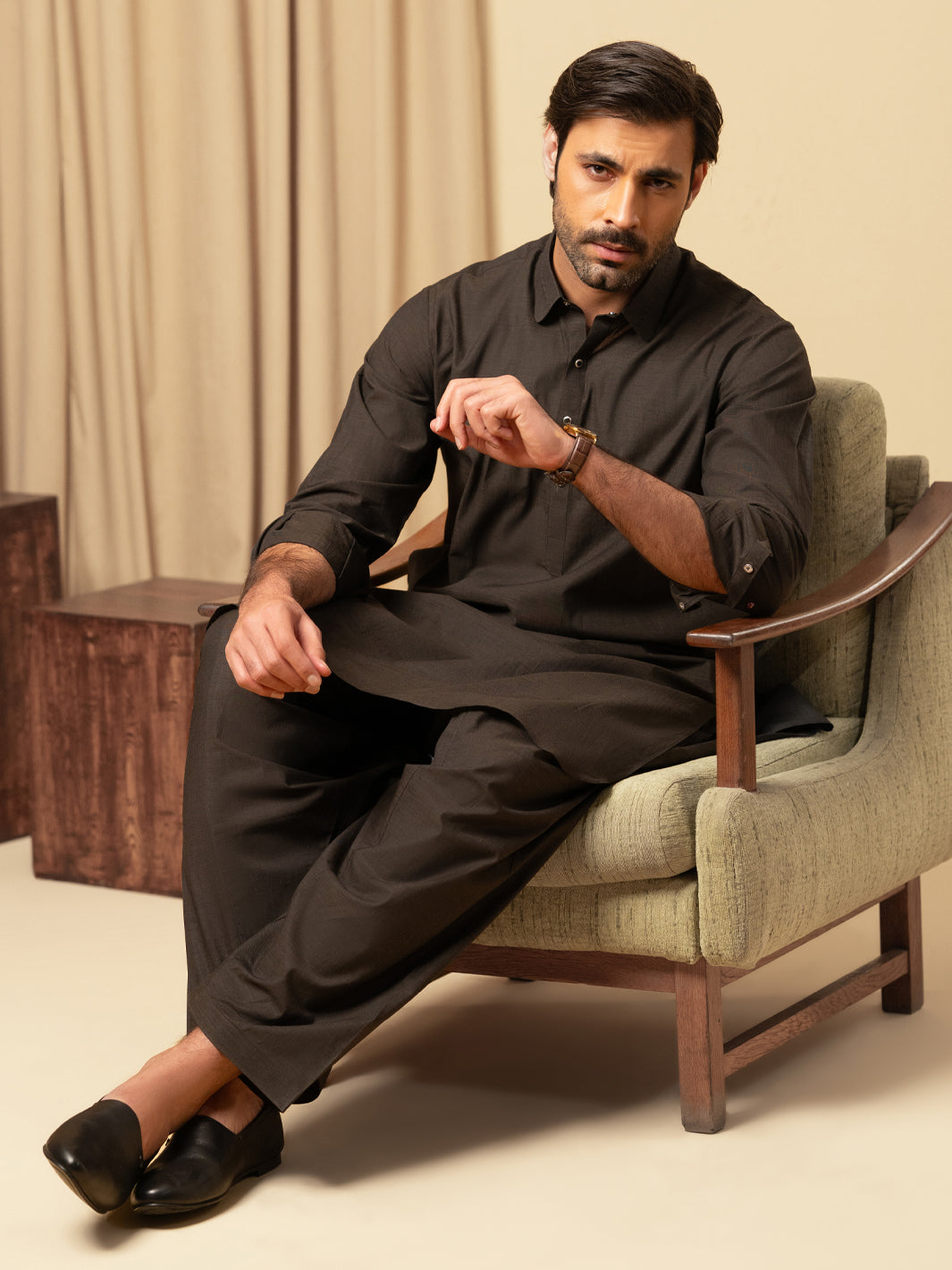 Dark Brown Cotton Kameez Shalwar - ALWA-KS-587