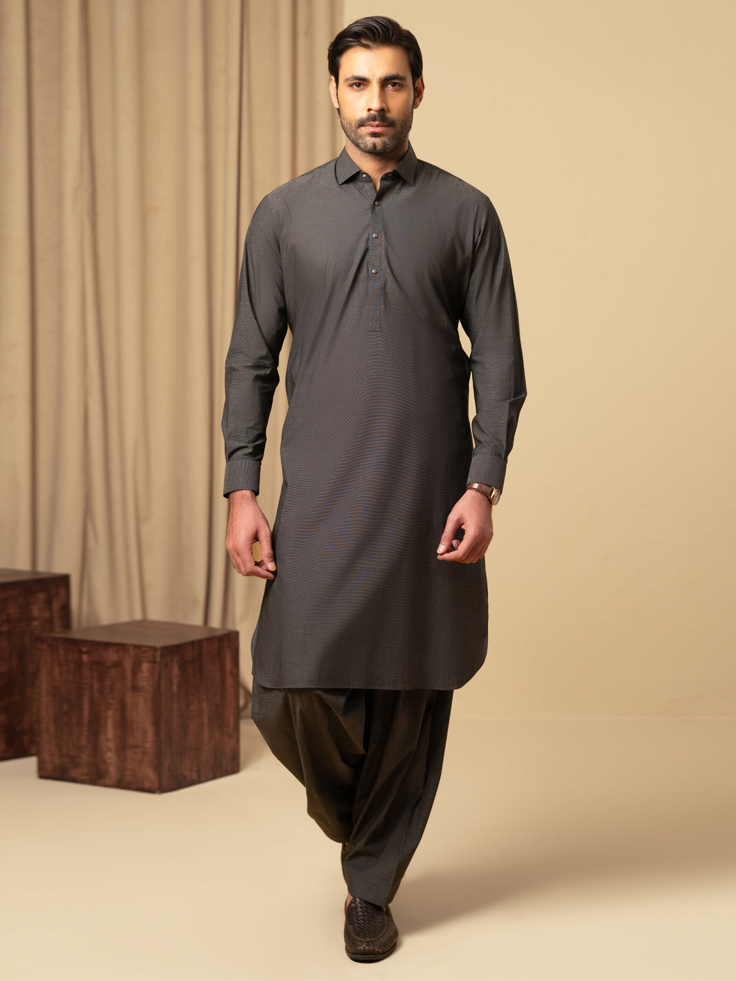 Charcoal Grey Cotton Kameez Shalwar - ALWA-KS-588