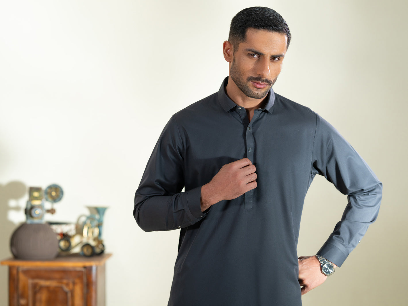 Charcoal Grey Kameez Shalwar - ALWA-KS-593
