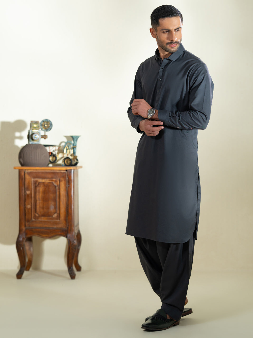Charcoal Grey Kameez Shalwar - ALWA-KS-593