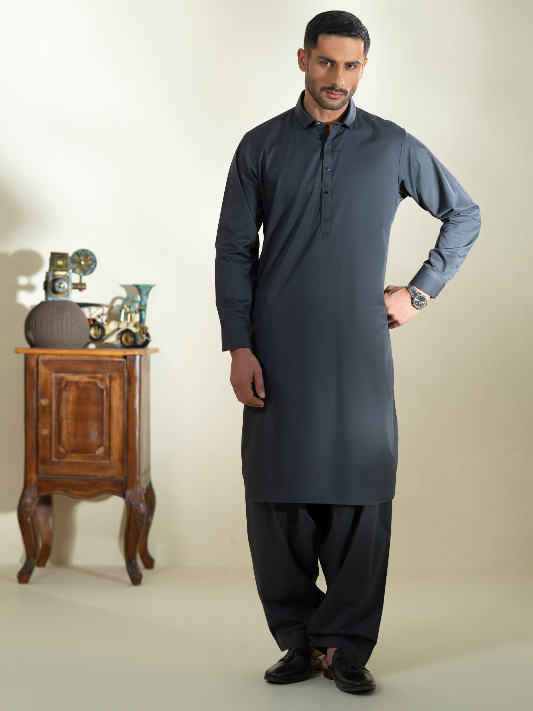 Charcoal Grey Kameez Shalwar - ALWA-KS-593