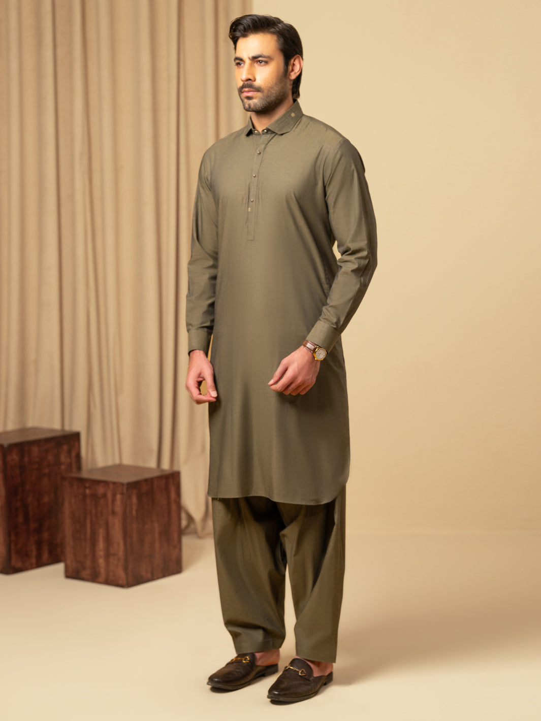 Olive Green Cotton Kameez Shalwar - ALWA-KS-598
