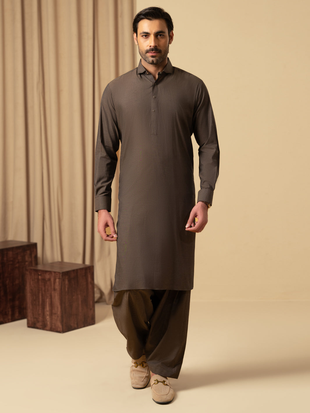 Brown Cotton Kameez Shalwar - ALWA-KS-599