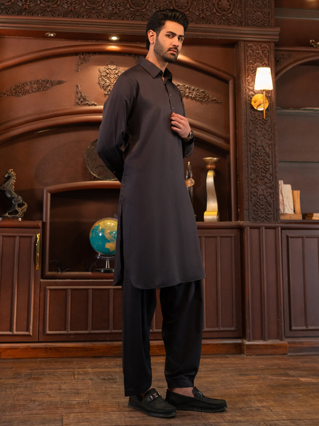 Charcoal Grey Cut & Sew Kameez Shalwar - ALWA-KS-639