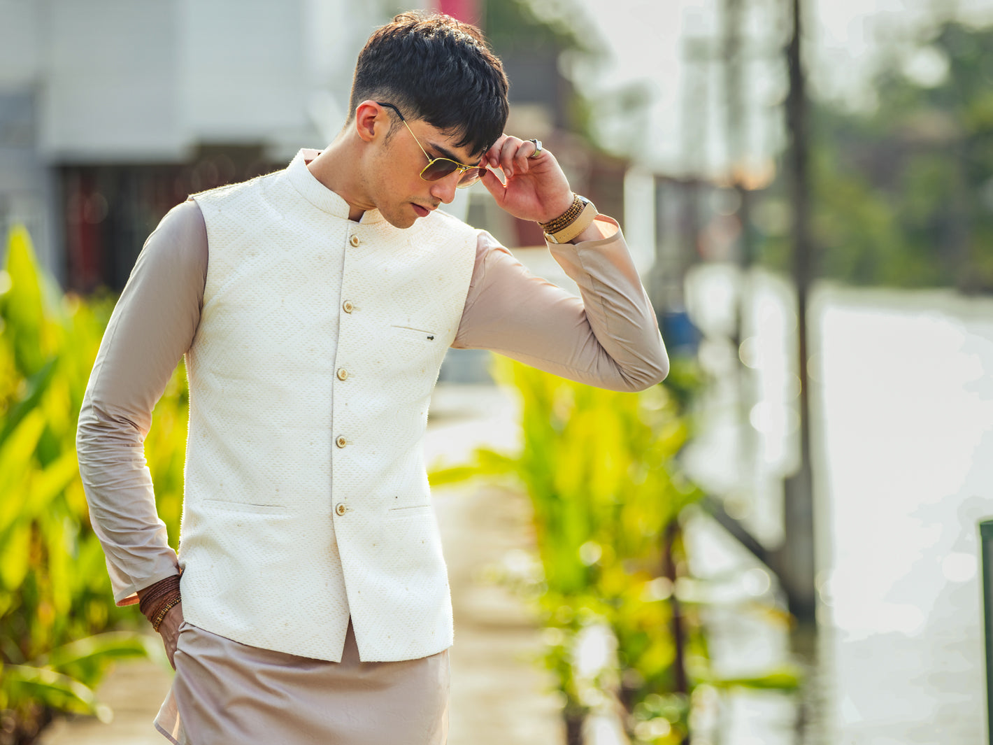 White Blended Waistcoat - AL-WC-524 - Almirah Online