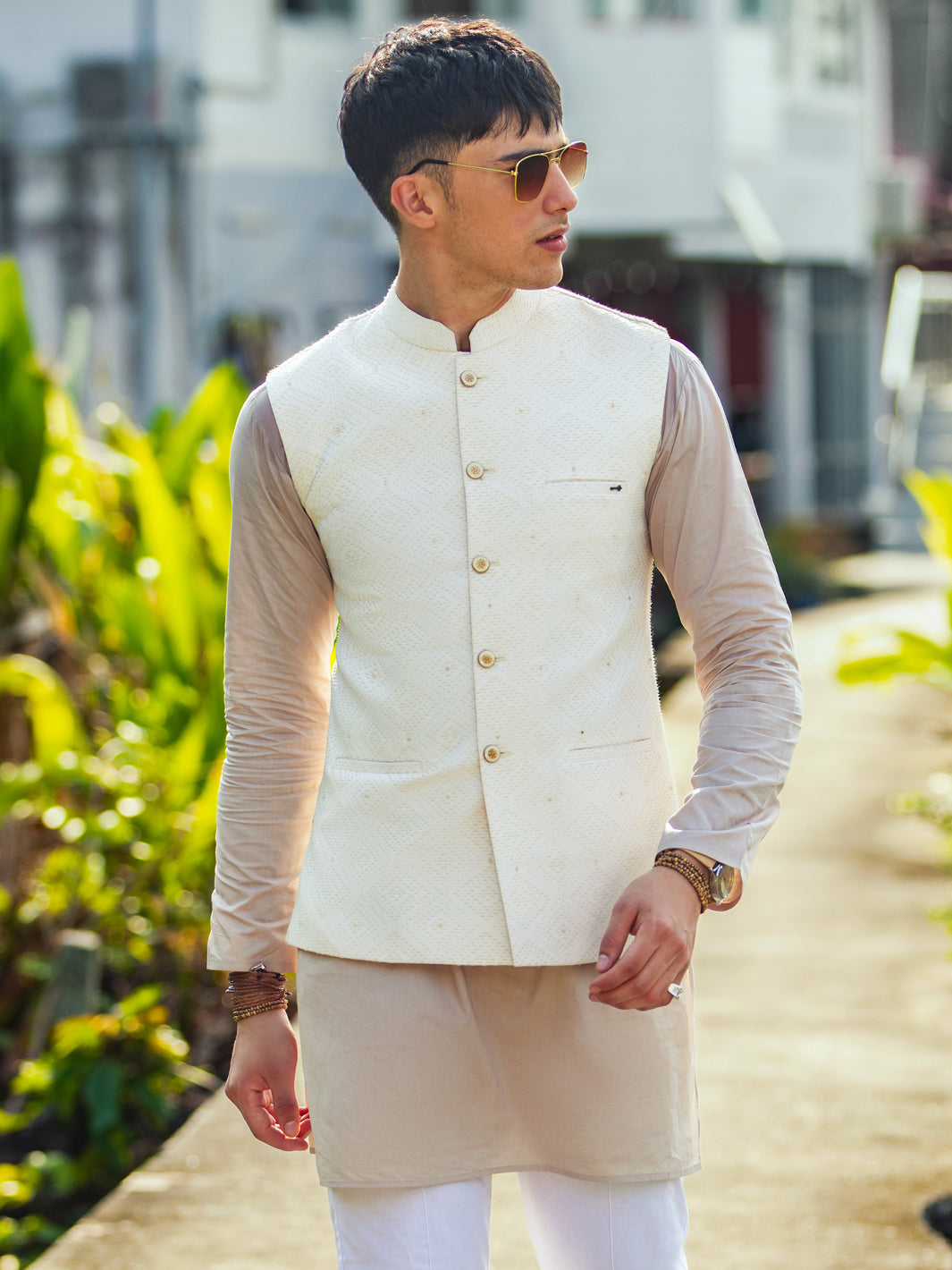 White Blended Waistcoat - AL-WC-524 - Almirah Online