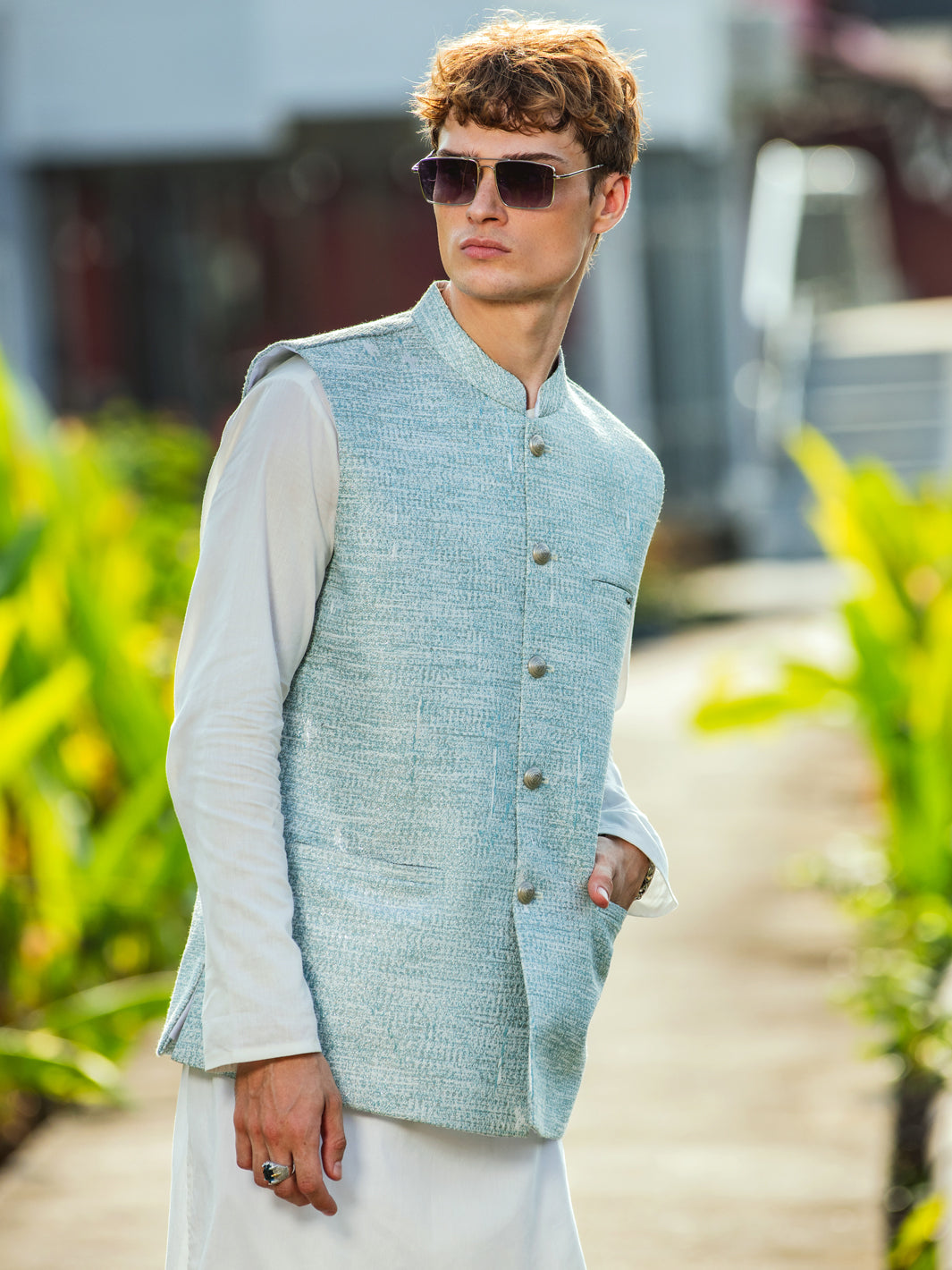 Sea Green Blended Waistcoat - AL-WC-527 - Almirah Online