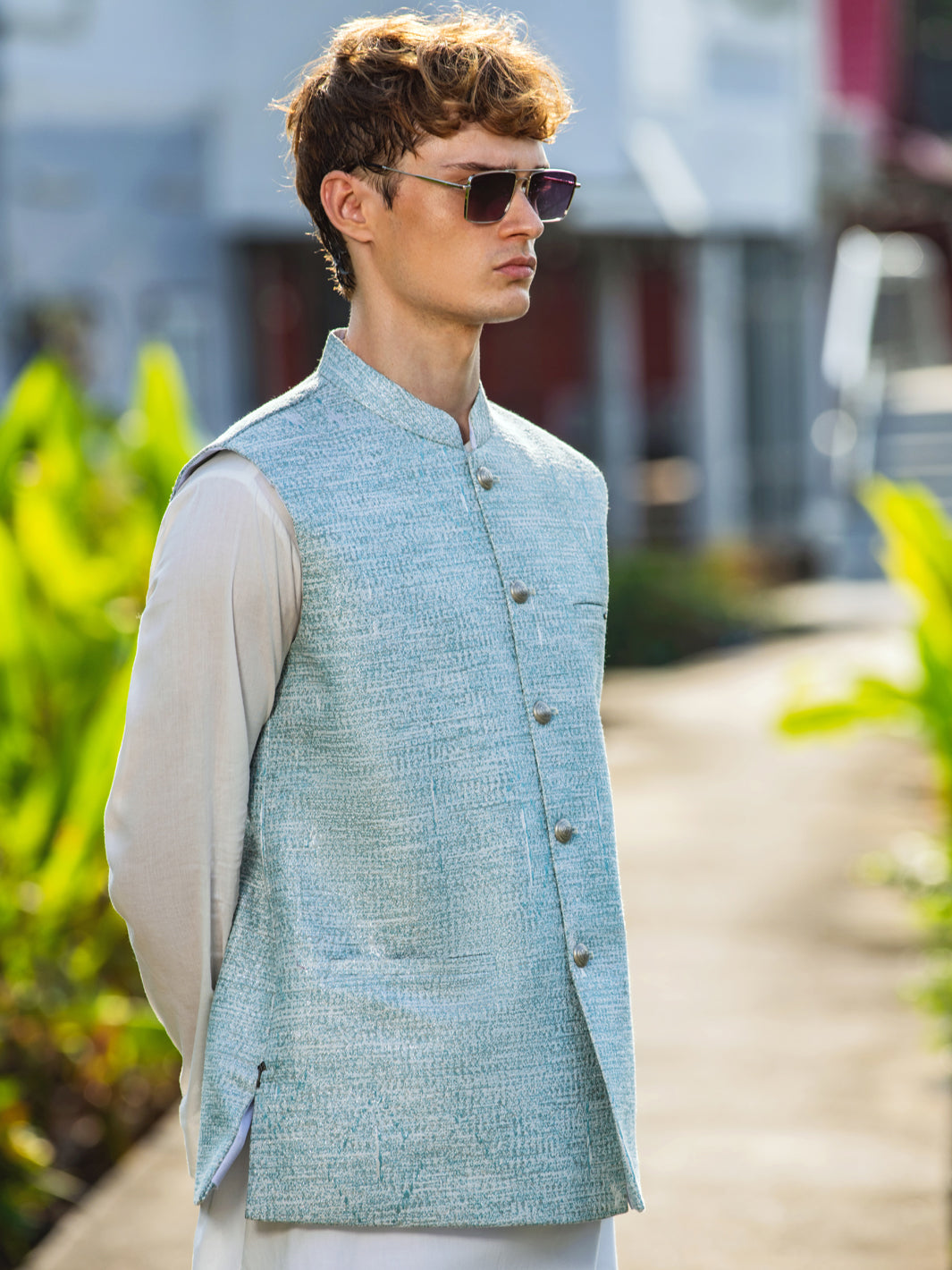 Sea Green Blended Waistcoat - AL-WC-527 - Almirah Online