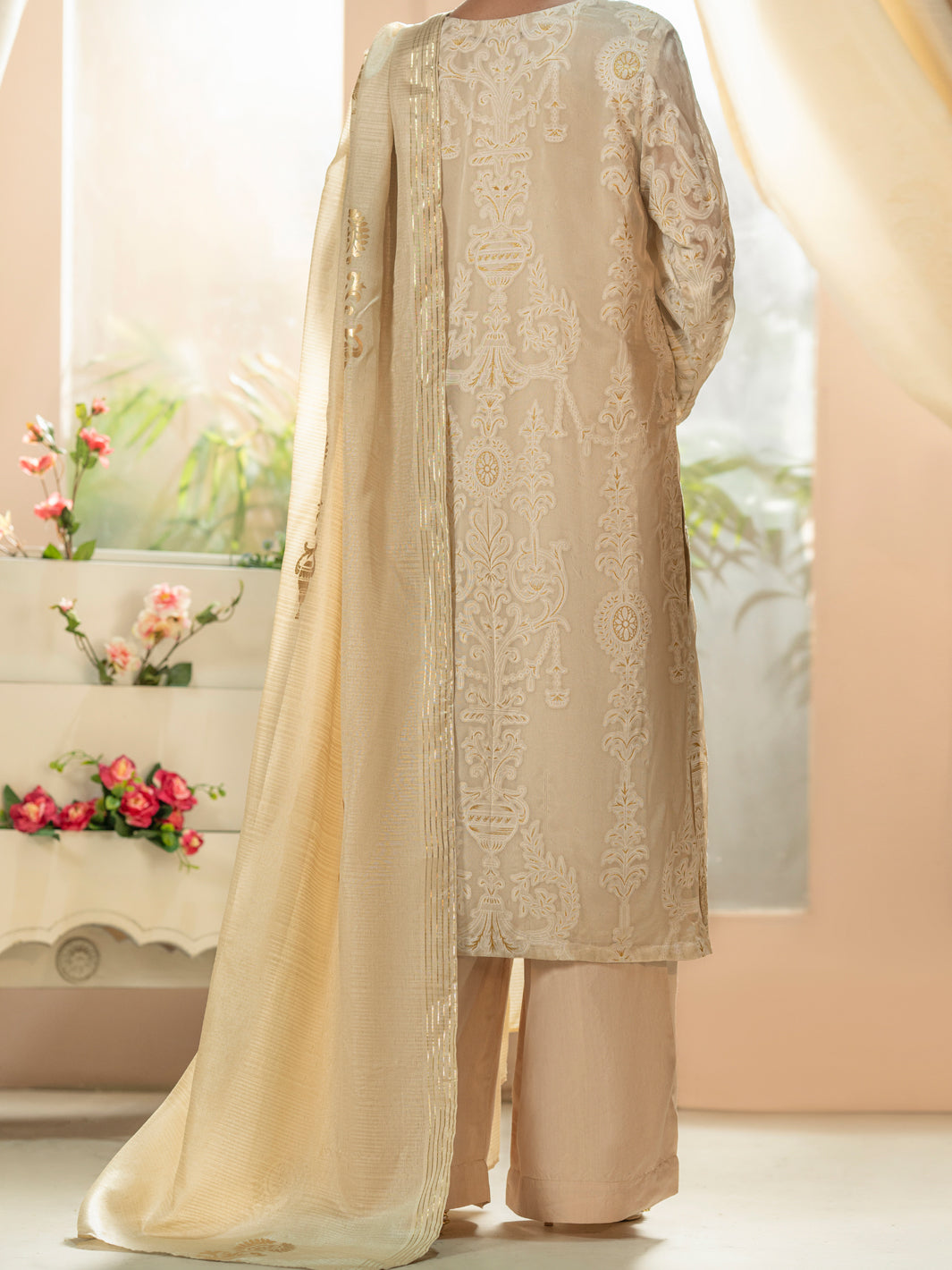 Off White Burnout Silk 3Pc Stitched - ALP-3PS-1663
