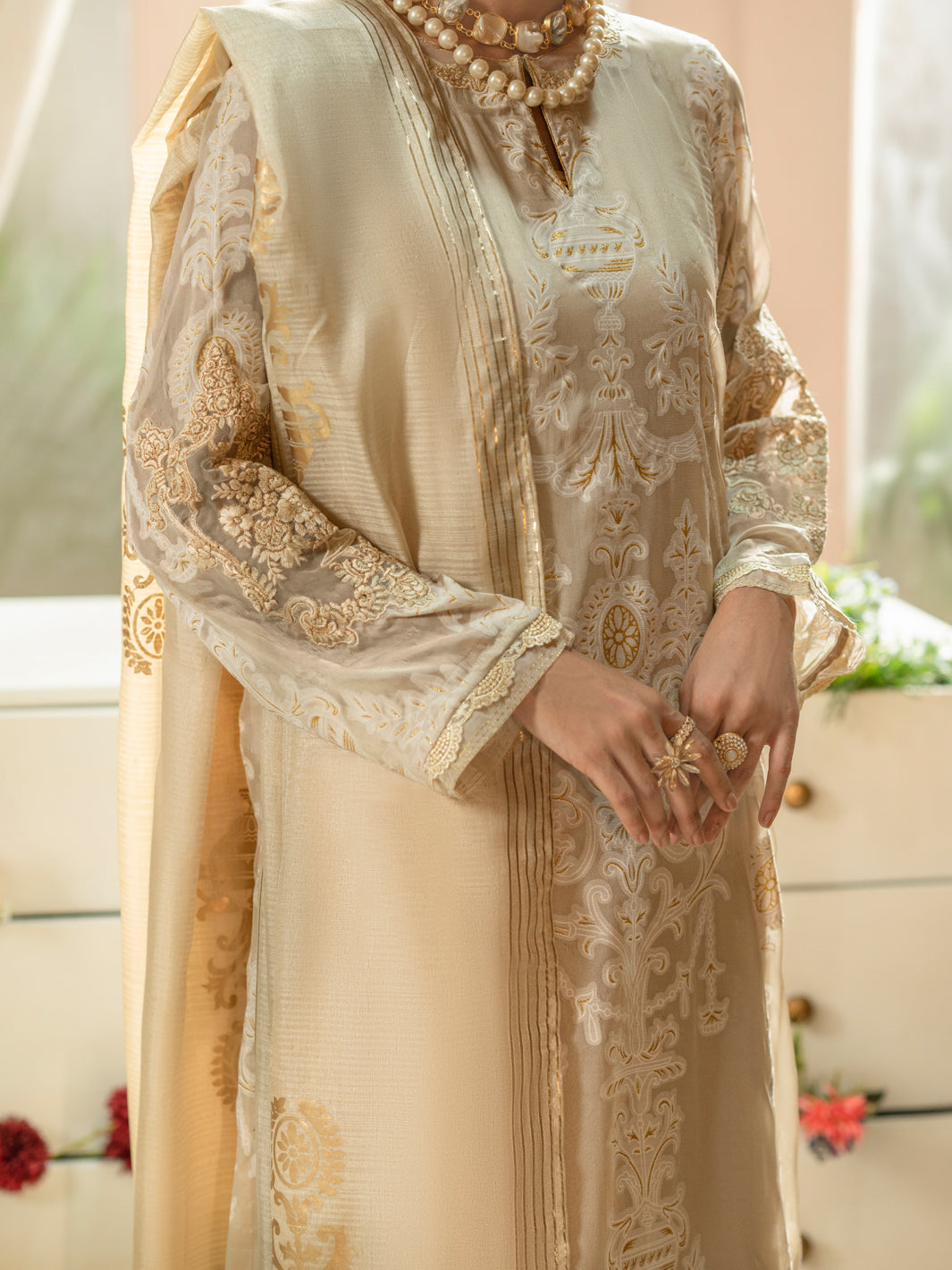 Off White Burnout Silk 3Pc Stitched - ALP-3PS-1663