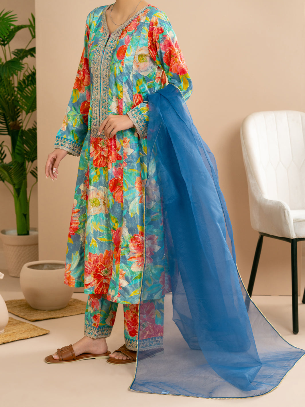 Light Lurex Cotton Green Stitched 3Pc - ALP-3PS-2171