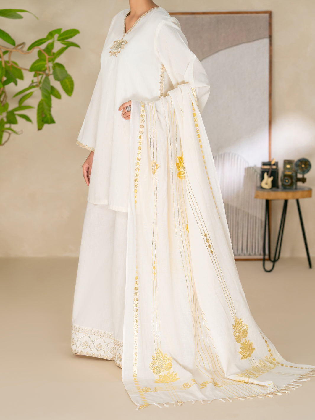 Off White Yarn Dyed Lurex Stitched 3 Piece - ALP-3PS-2616