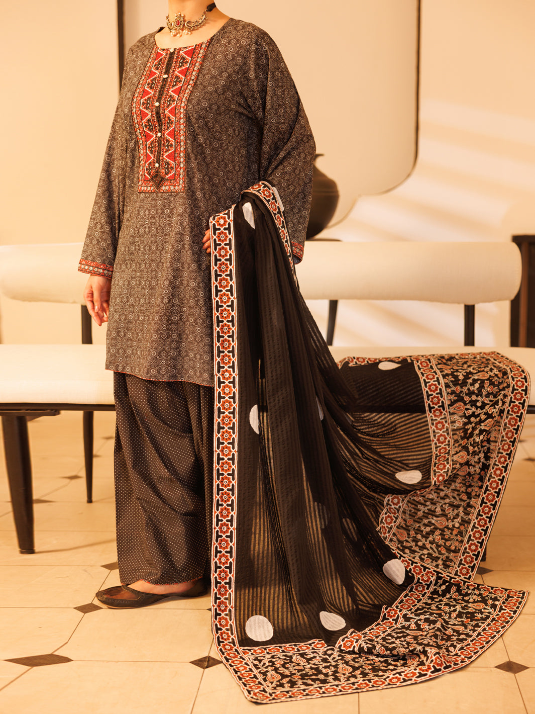 Black Khaddi Net Dupatta - ALP-ST-2335B