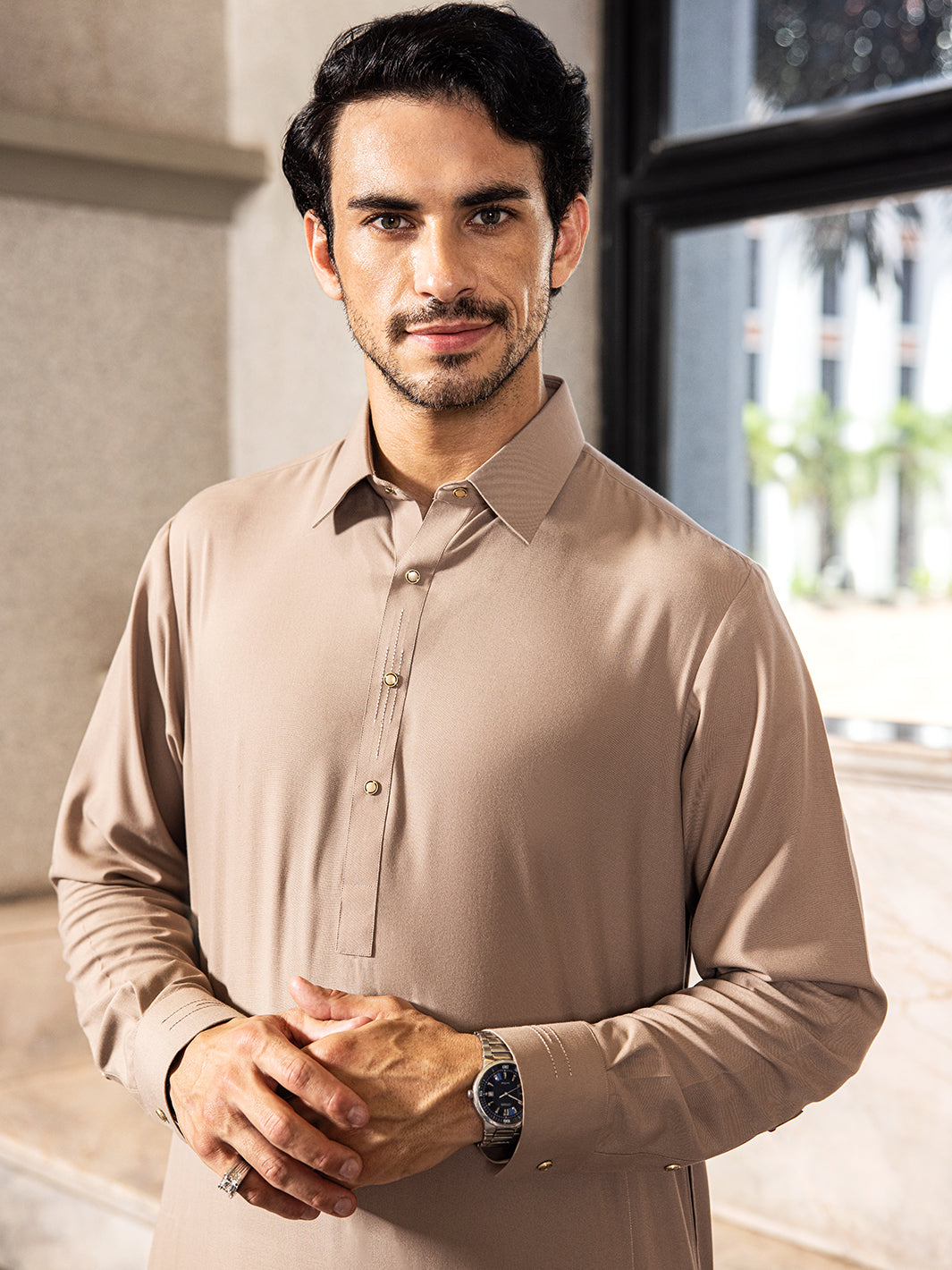 Sand Brown Blended Kameez Shalwar - ALWA-KS-416 - Almirah Online