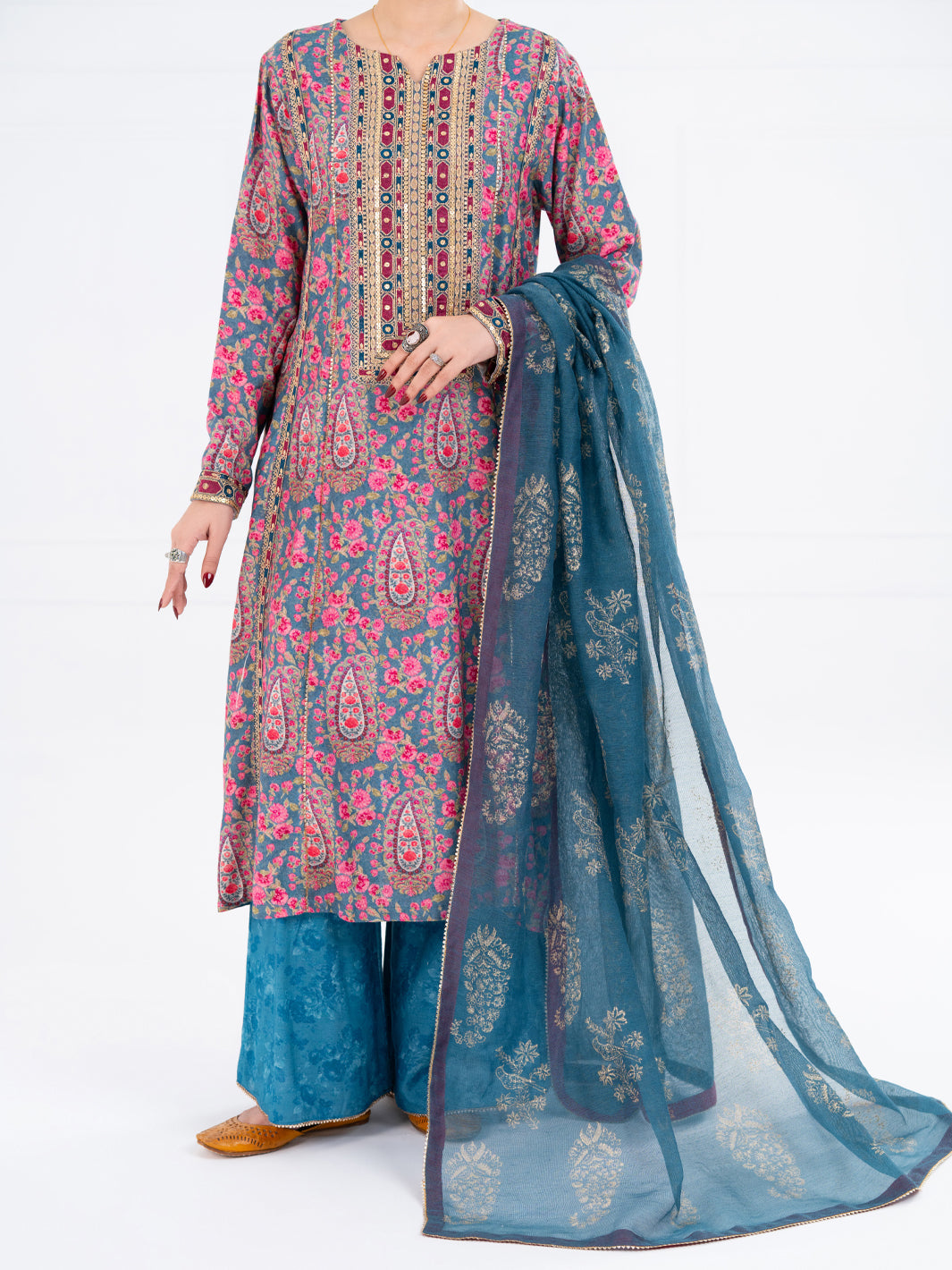 Teal Poly-Raw Silk 3Pc Stitched - AWP-3PS-756