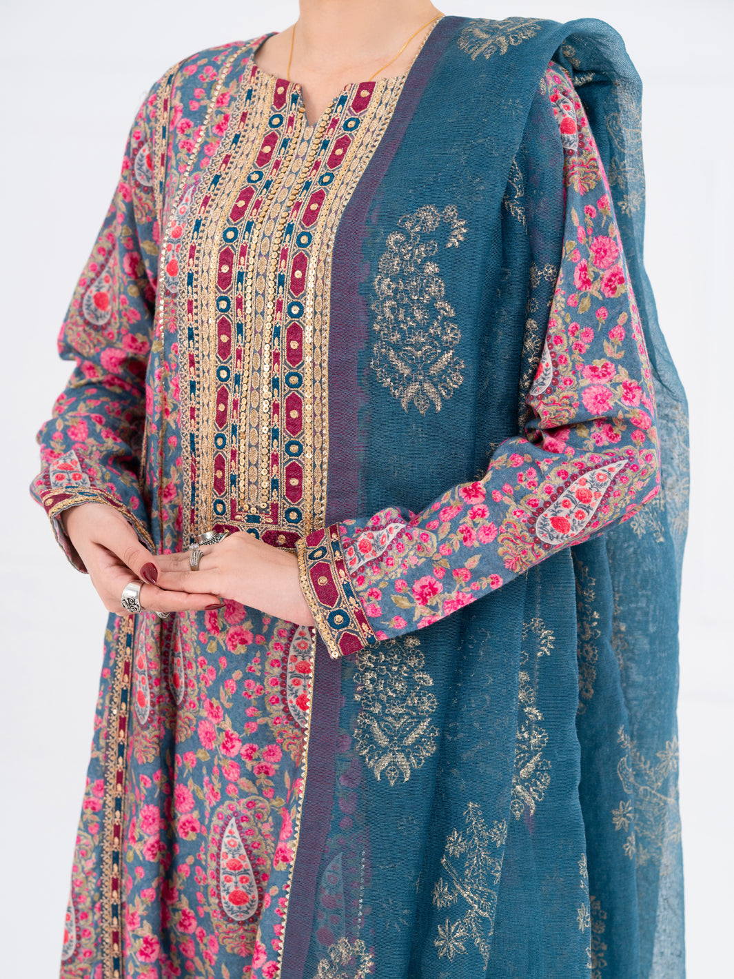 Teal Poly-Raw Silk 3Pc Stitched - AWP-3PS-756