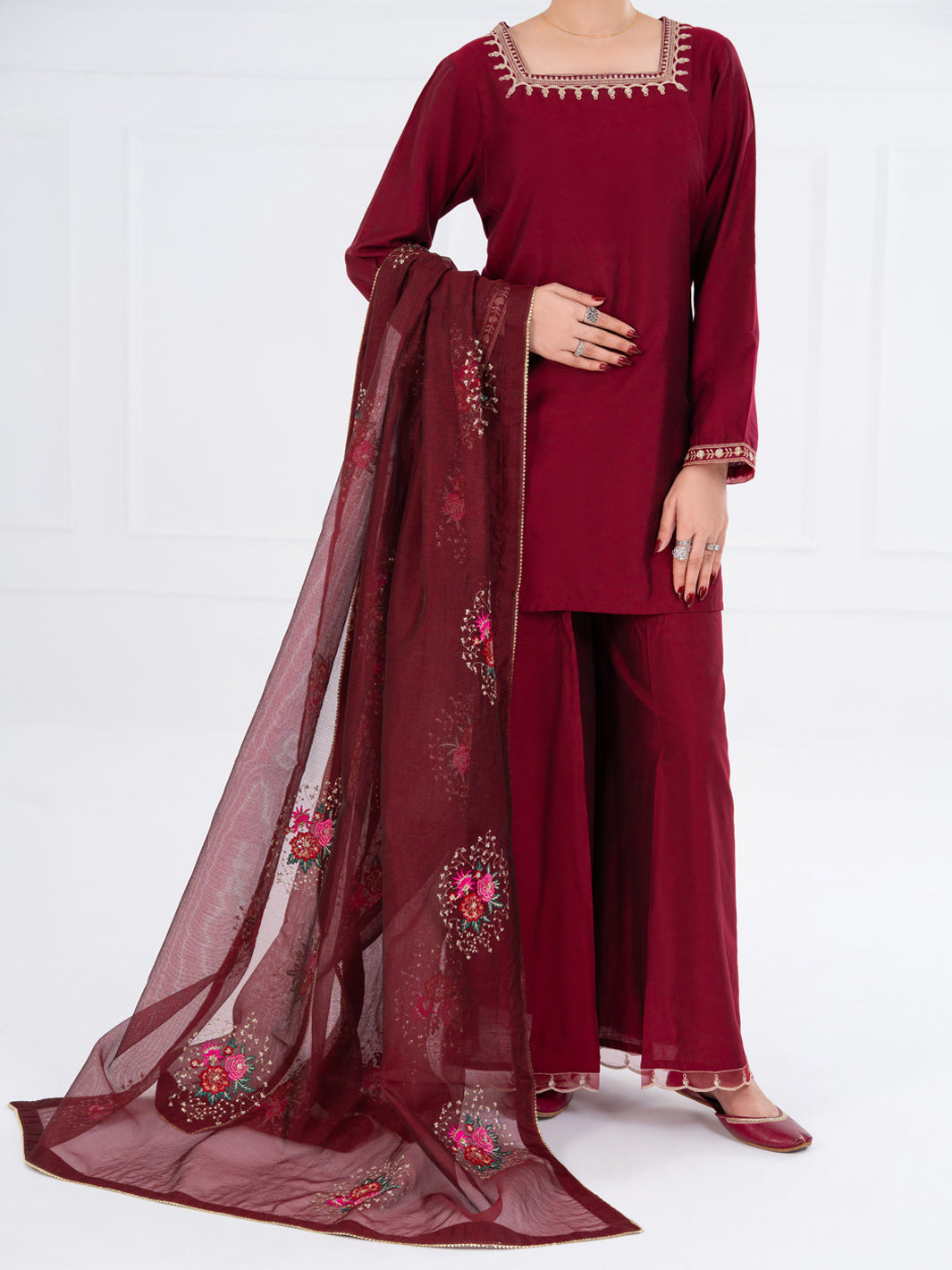 Maroon Yarn Dyed 3Pc Stitched - AWP-3PS-759