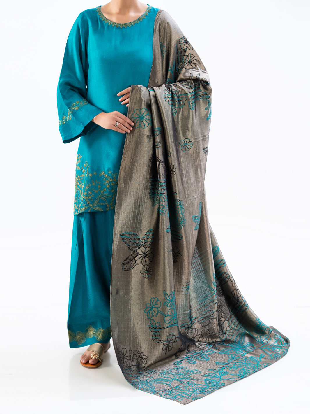 Turquoise Taffeta Silk 3Pc Unstitched - AWP-3PS-776