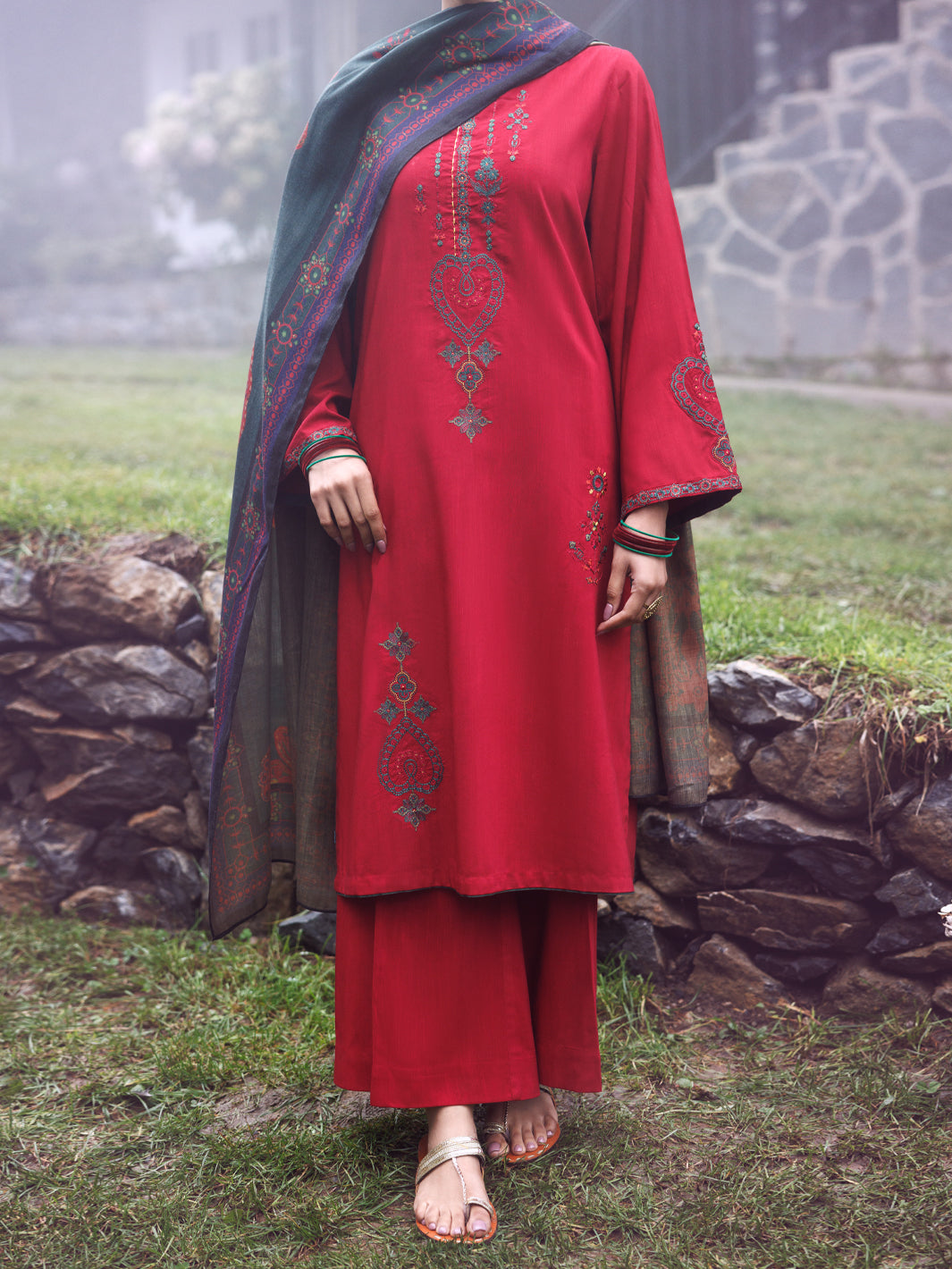 Red Poly Khaddar 3Pc Stitched - AWP-3PS-880