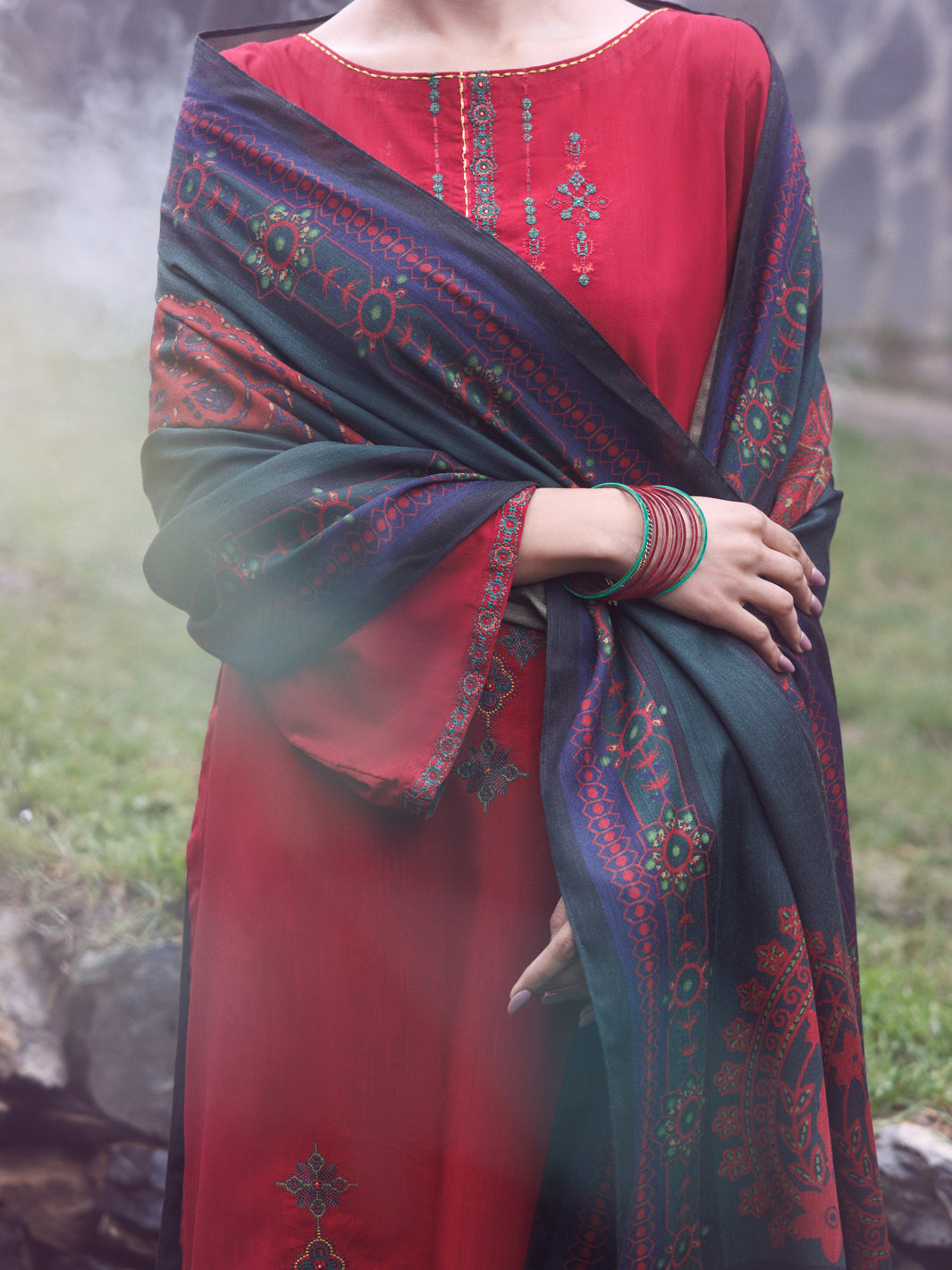 Red Poly Khaddar 3Pc Stitched - AWP-3PS-880