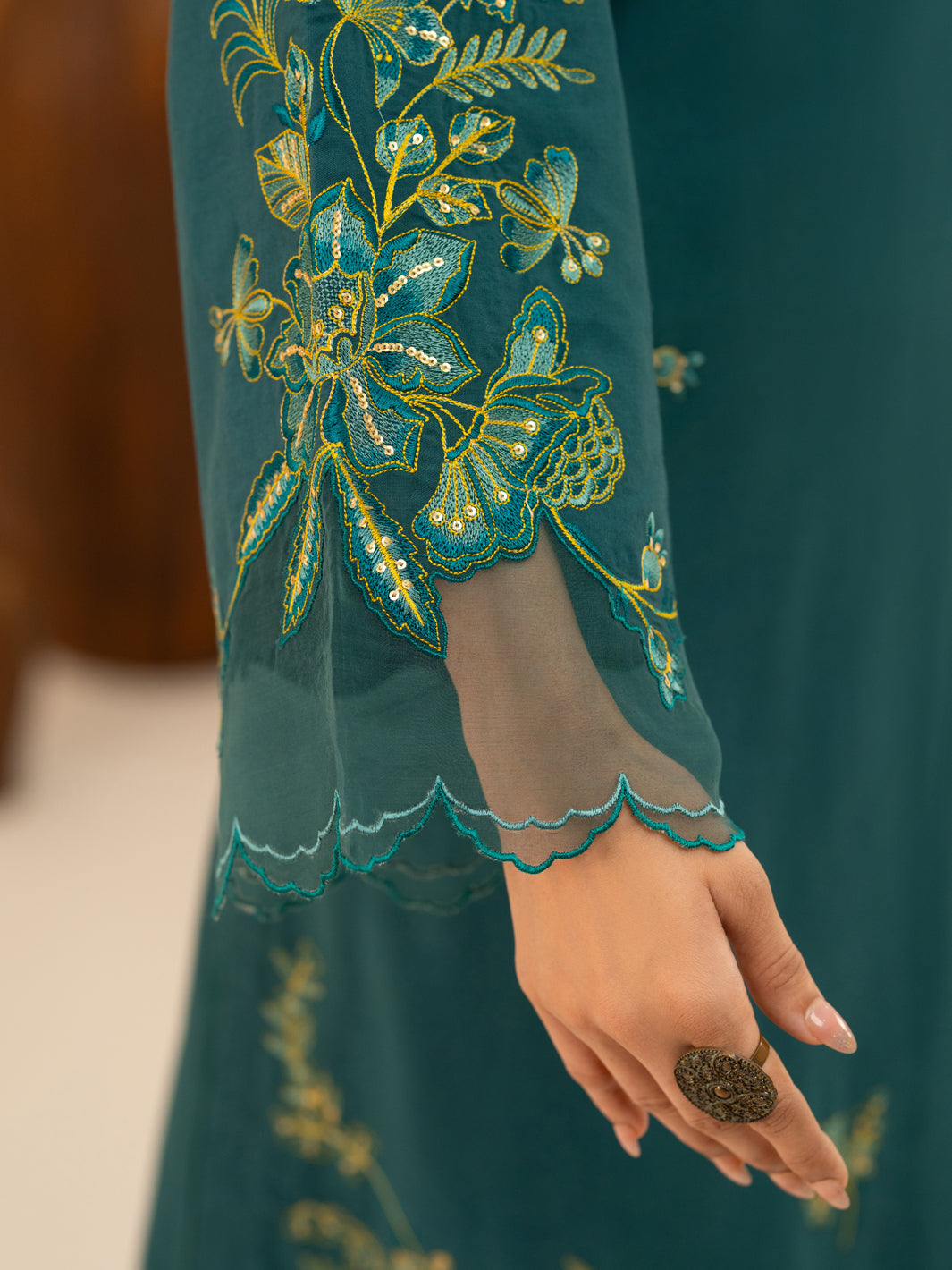 Green Cotton Cambric Stitched 3Pc - AWP-3PS-950