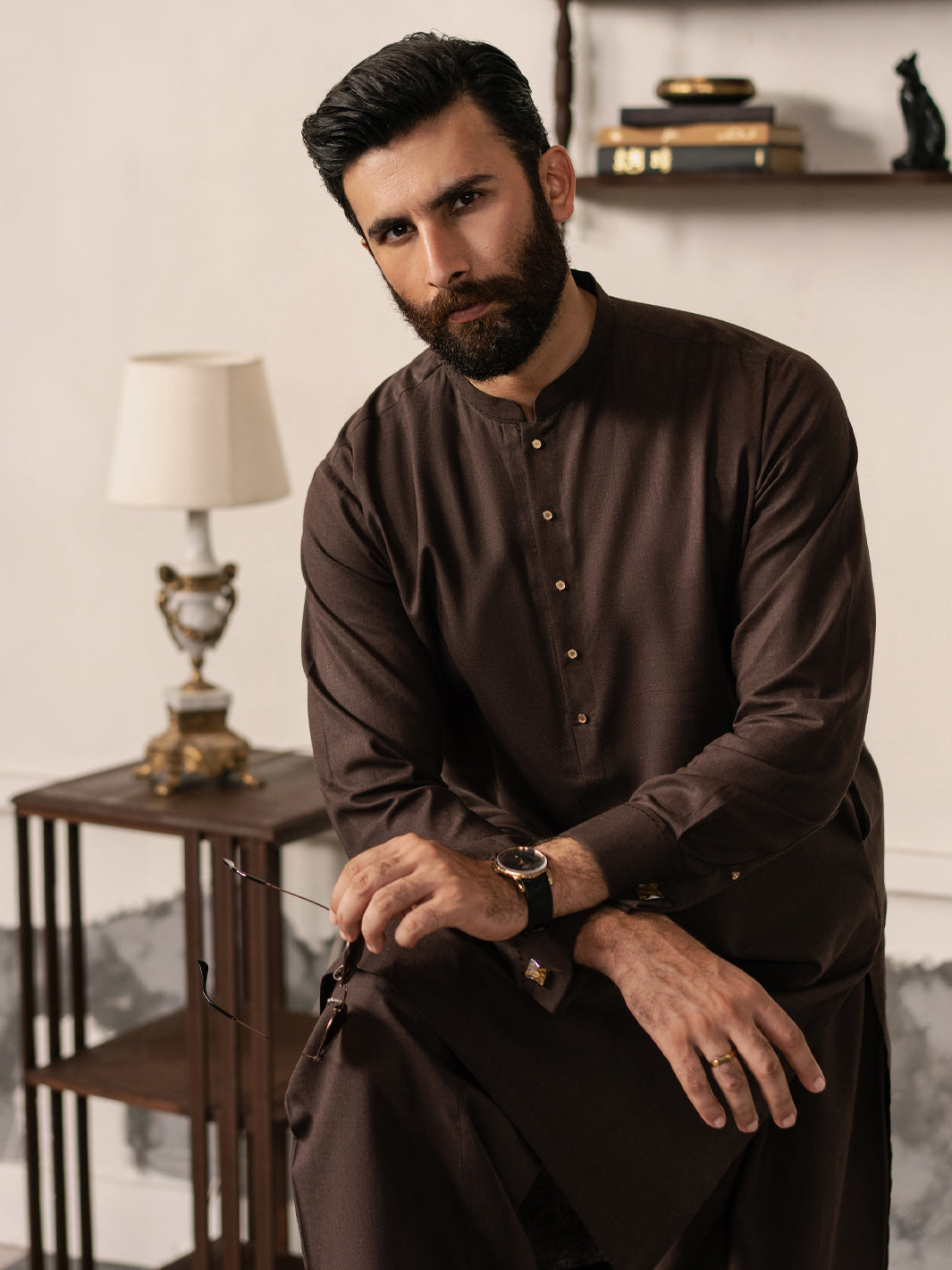 Dark Brown Blended Kameez Shalwar - AL-KS-3186