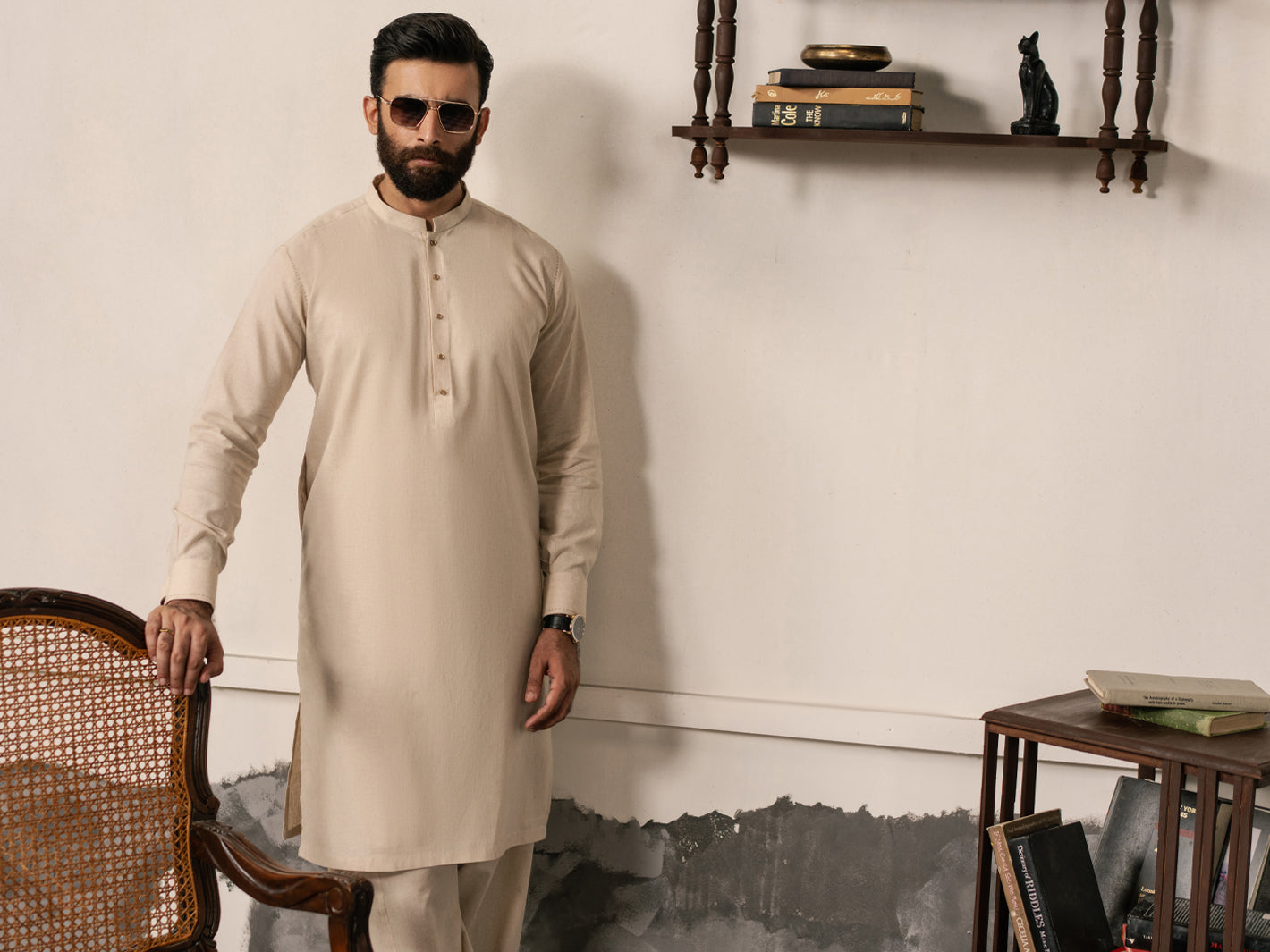 Beige Blended Kameez Shalwar - AL-KS-3187
