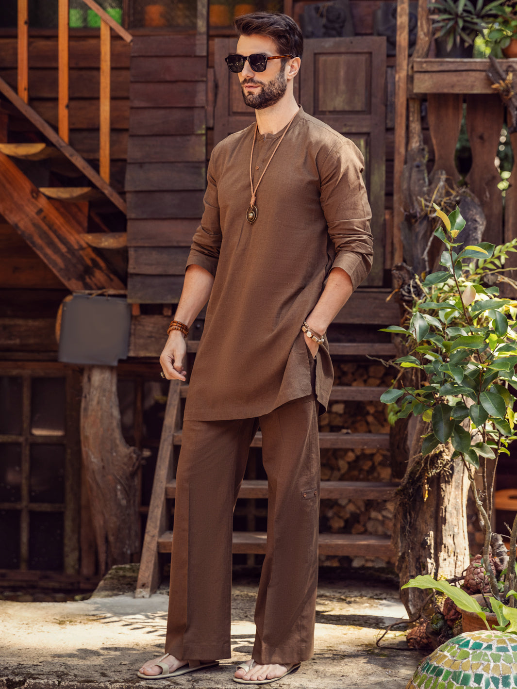 Brown Linen Short Kurta Trouser - ALCR-KT-004