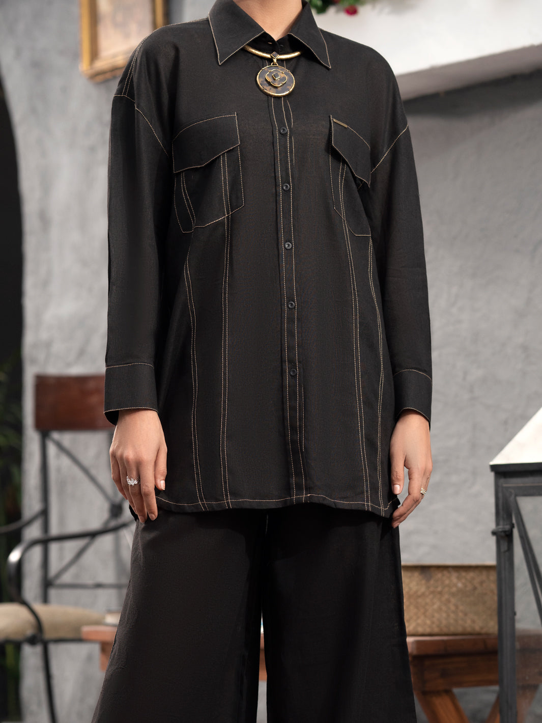 Black Satin 2 Piece Stitched - AL-2PS-LKS-907