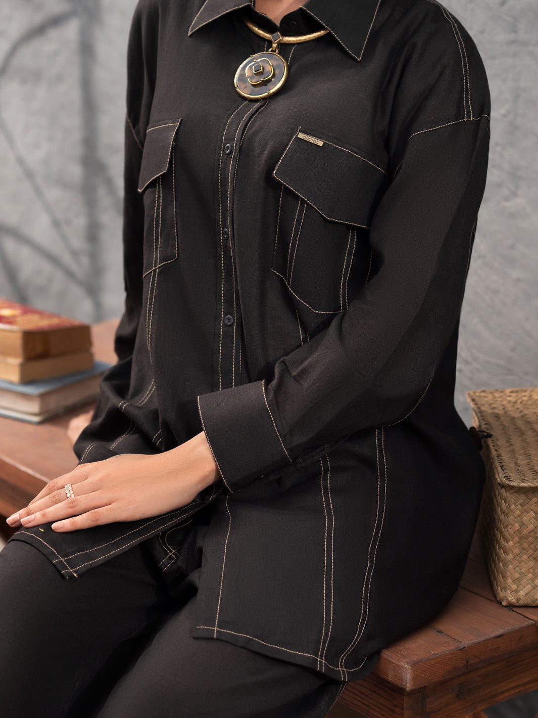 Black Satin 2 Piece Stitched - AL-2PS-LKS-907