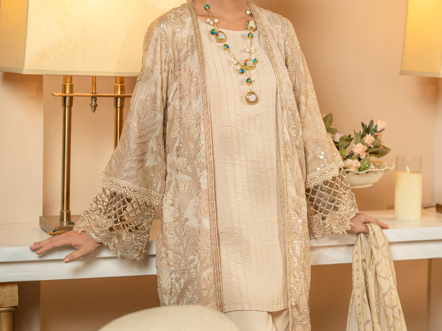 Light Brown Chiffon 3Pc Formal Stitched - AL-3PS-LS-423