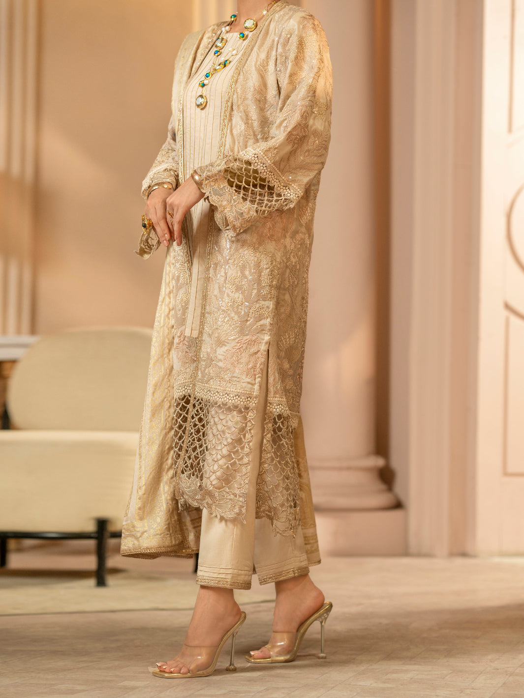 Light Brown Chiffon 3Pc Formal Stitched - AL-3PS-LS-423