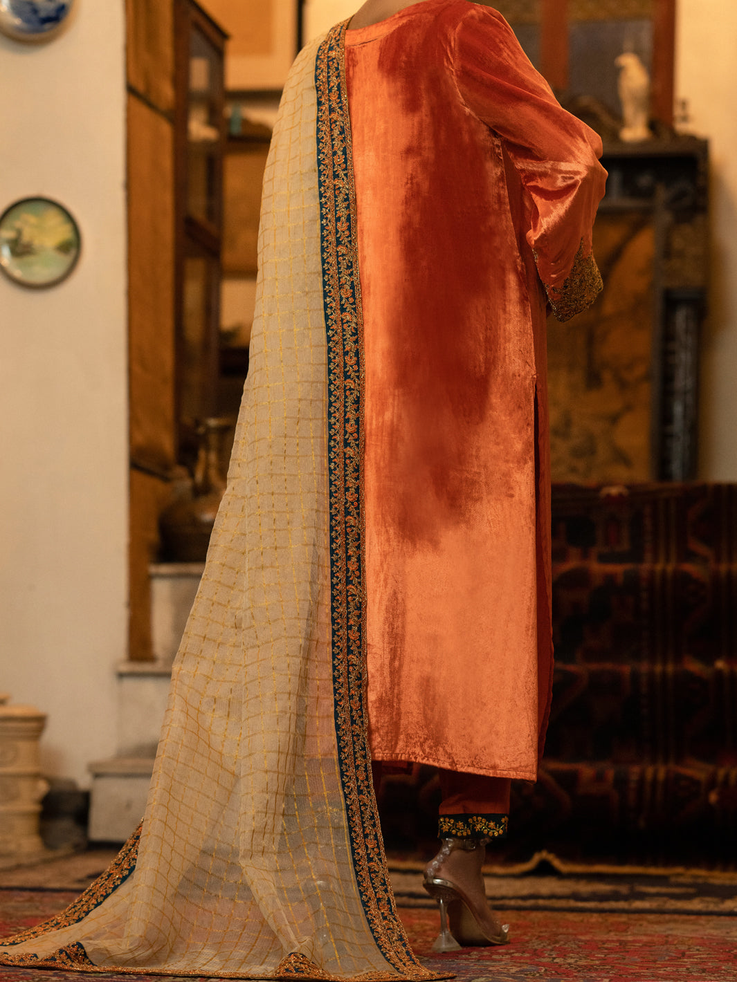 Orange Velvet 3Pc Formal Stitched - AL-3PS-LS-442