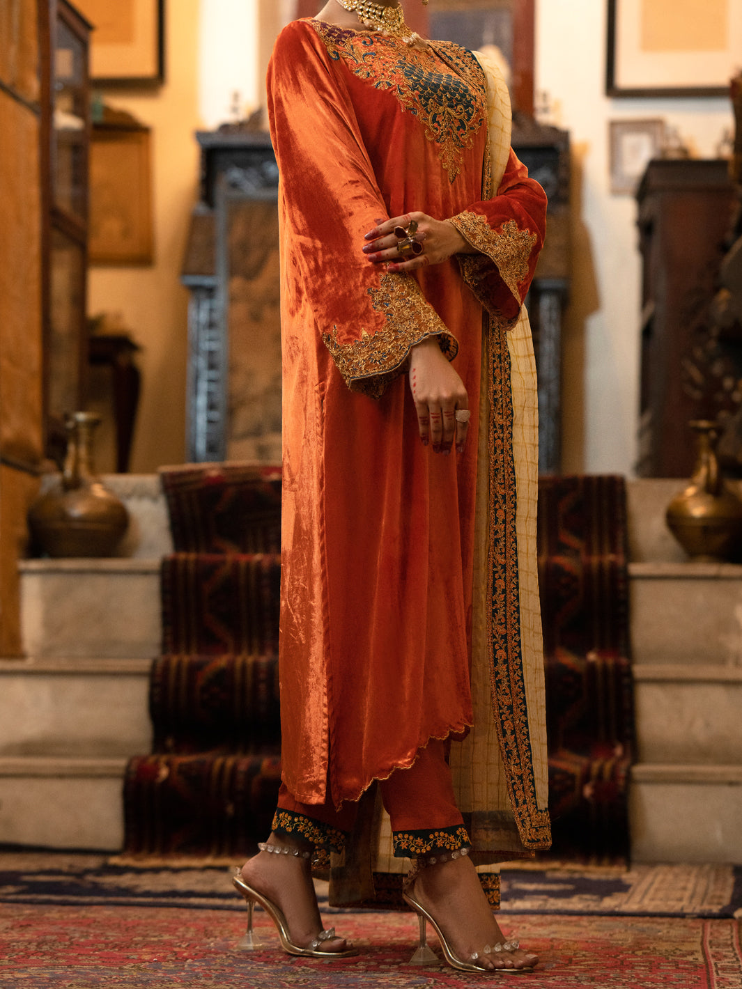 Orange Velvet 3Pc Formal Stitched - AL-3PS-LS-442