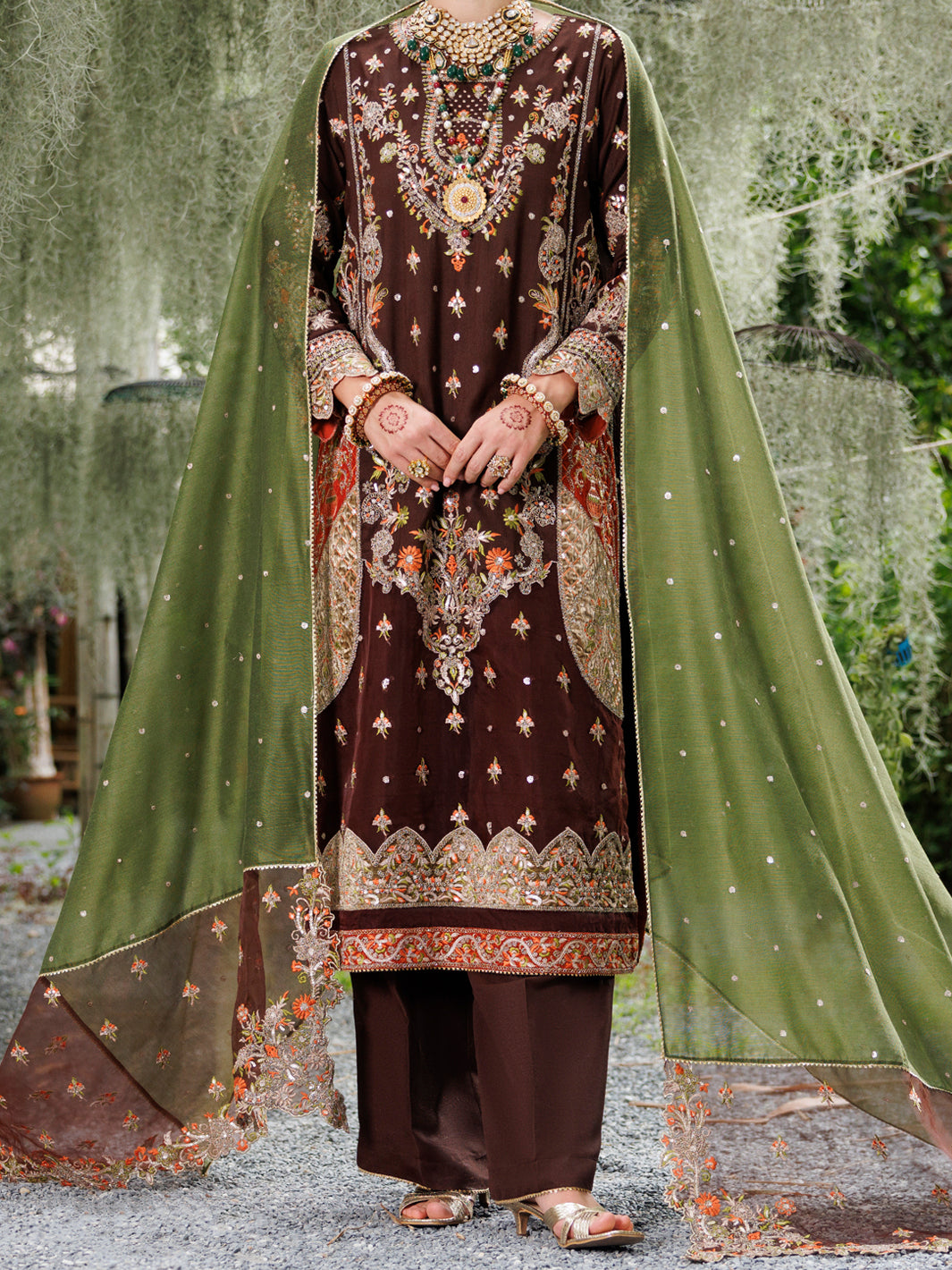 Dark Brown Raw Silk Formal 3Pc Stitched - AL-3PS-LS-526