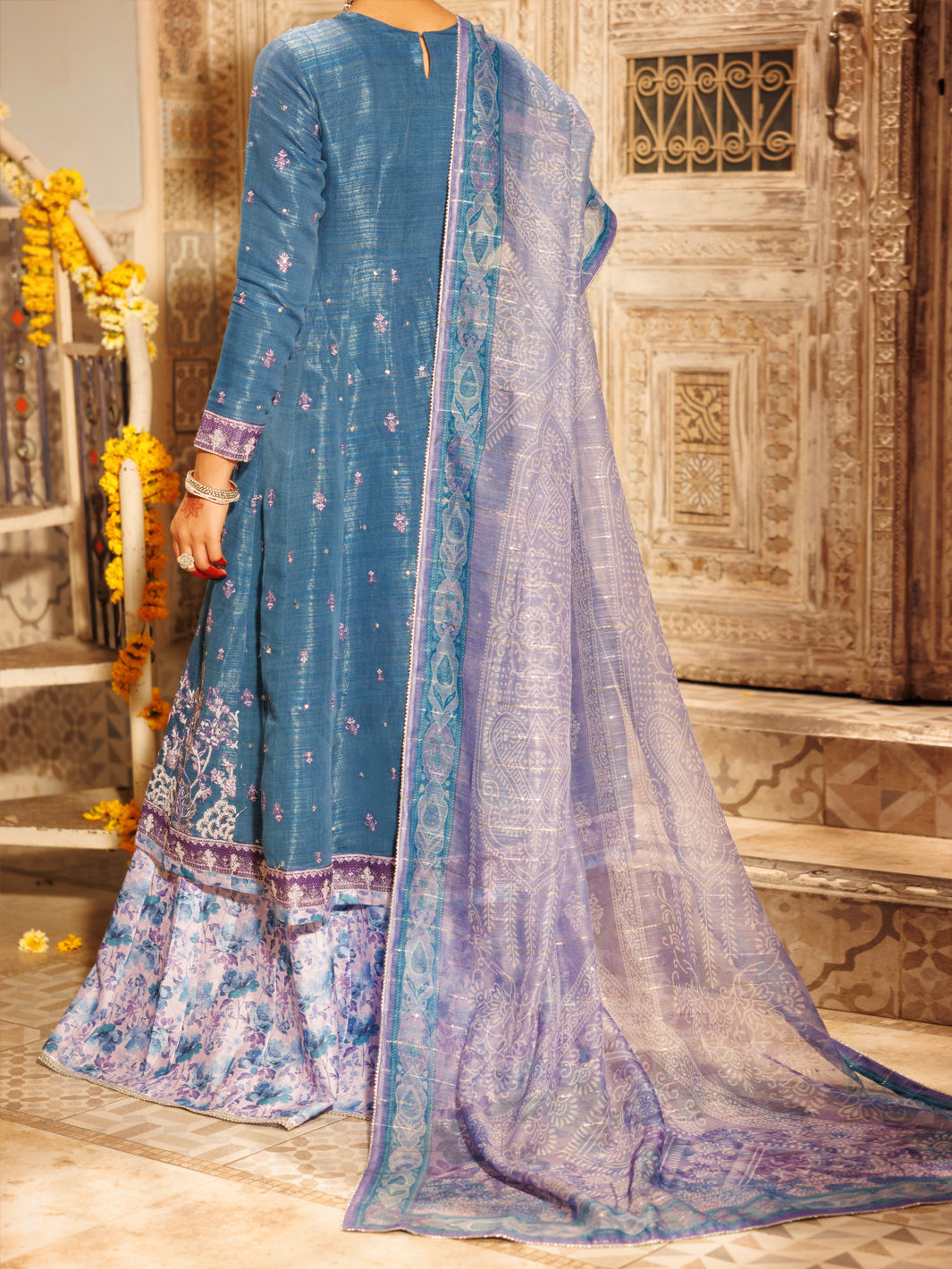 Ice Blue Mesuri Net Formal 3Pc Stitched - AL-3PS-LS-552