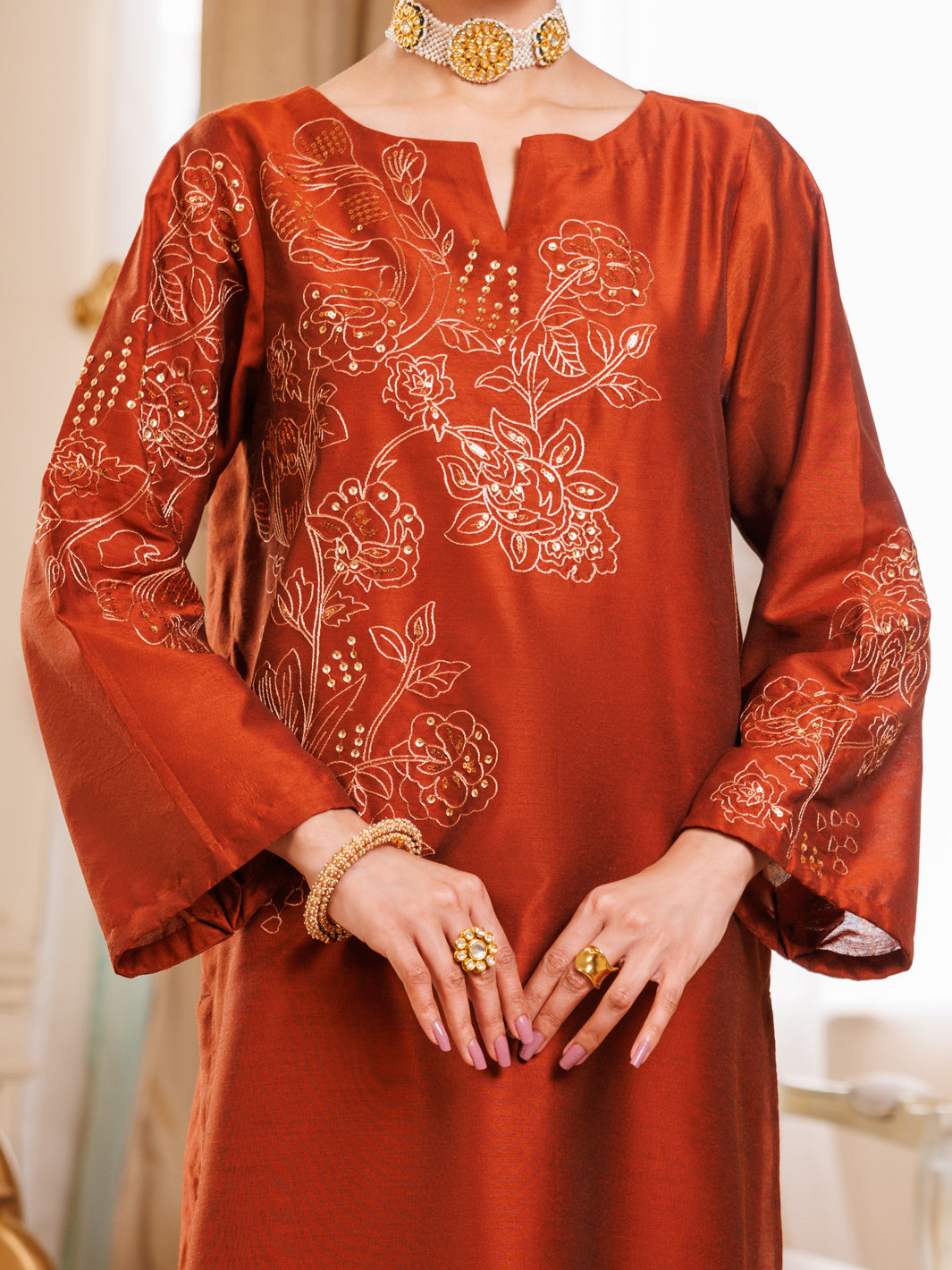 Rust Raw Silk Formal 2Pc Stitched - AL-LS-LKS-538