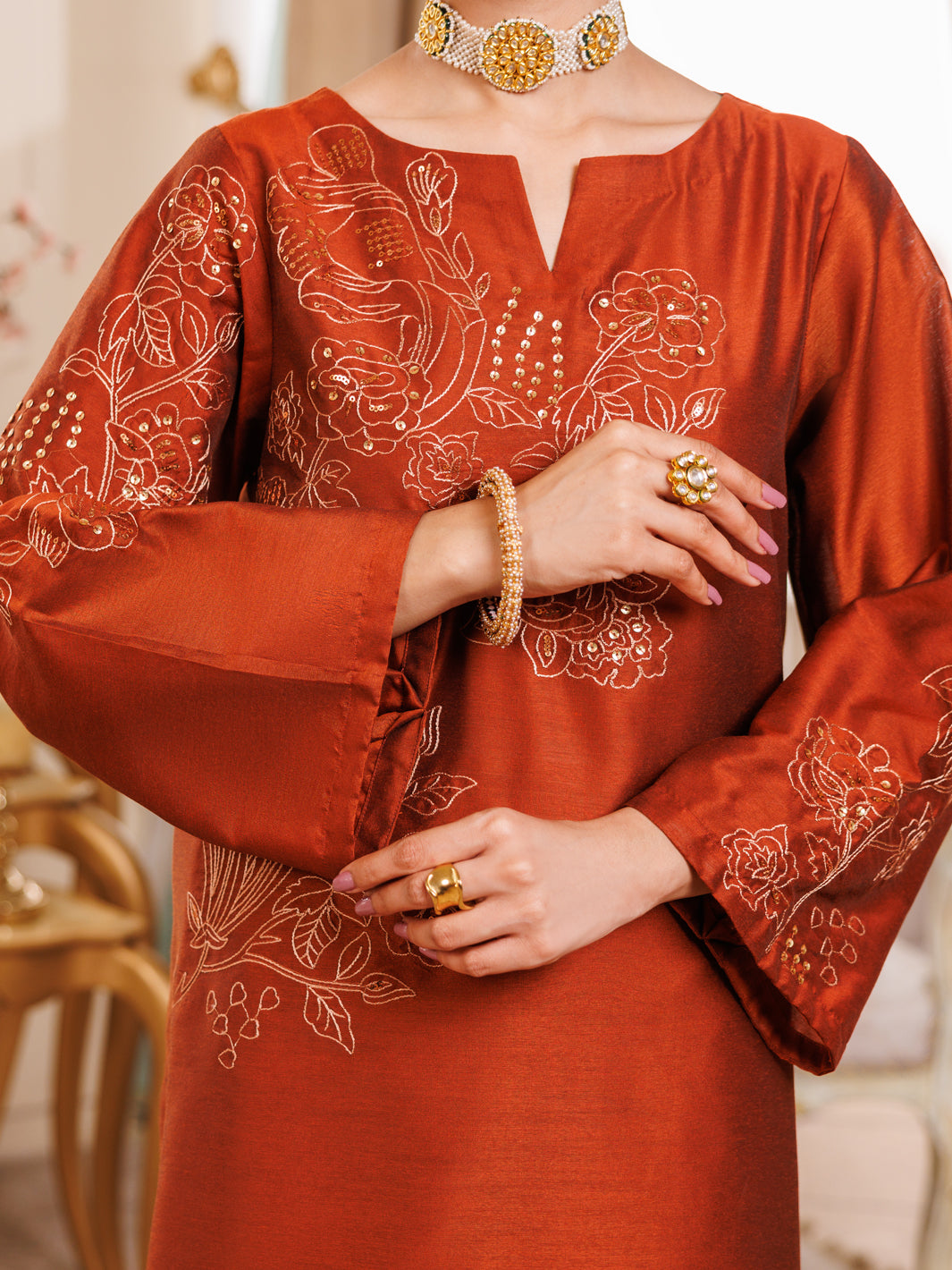 Rust Raw Silk Formal 2Pc Stitched - AL-LS-LKS-538