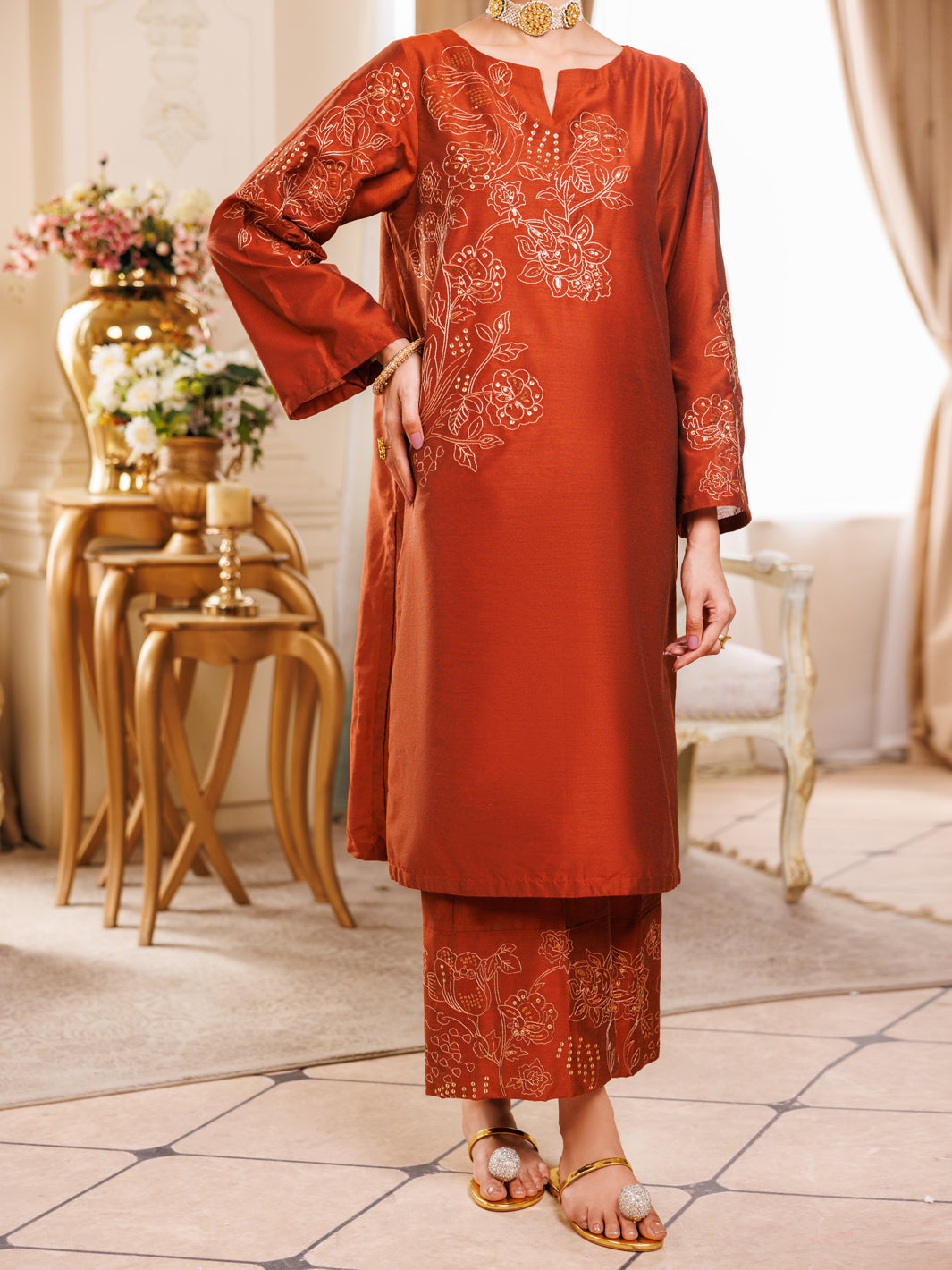 Rust Raw Silk Formal 2Pc Stitched - AL-LS-LKS-538
