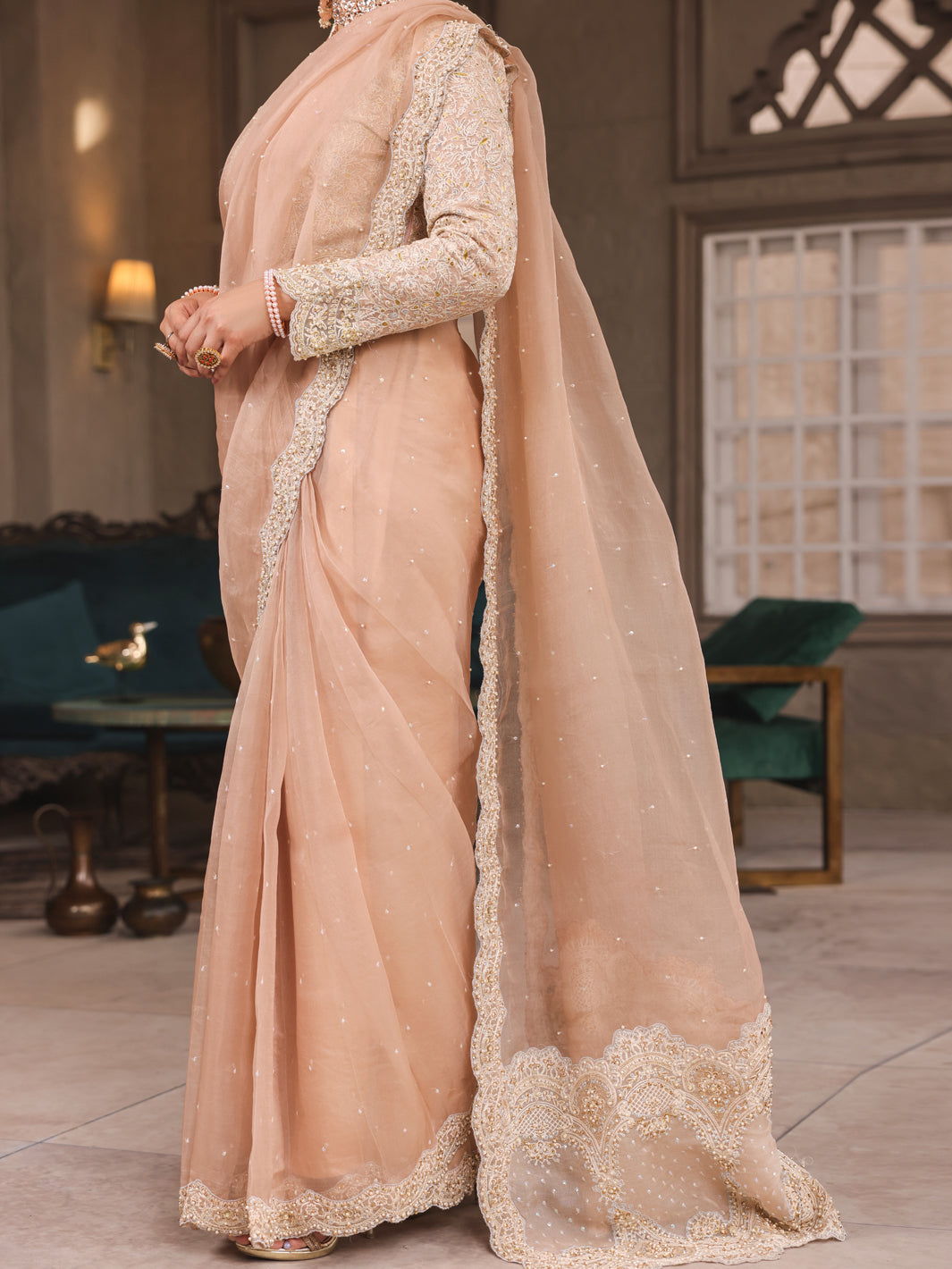 Beige Organza Saree Unstitched - AL-3PS-LS-SR-UN-428
